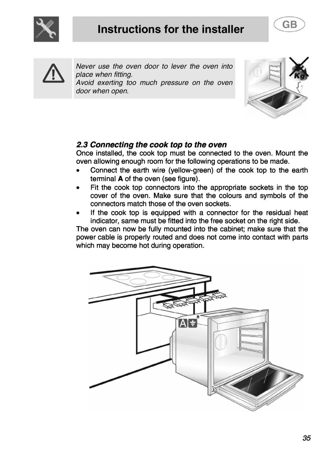 Smeg SA280X manual 2.3Connecting the cook top to the oven, Instructions for the installer 