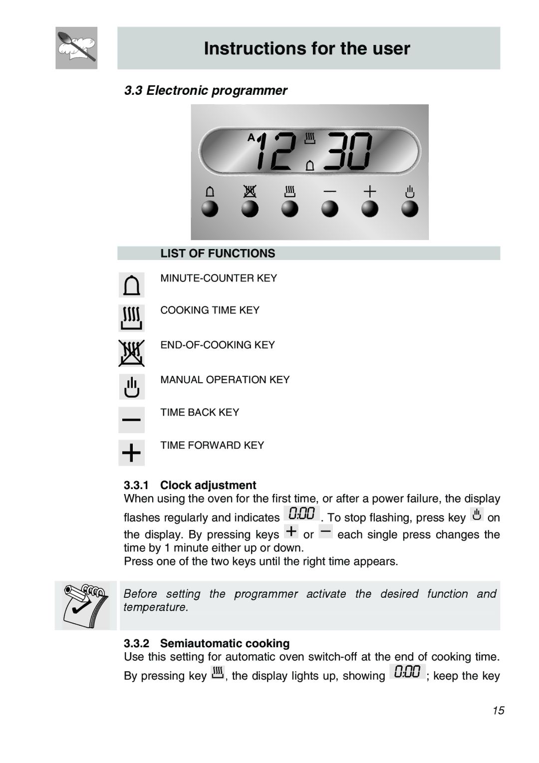 Smeg SA301W-5 manual Electronic programmer, Clock adjustment, Semiautomatic cooking 