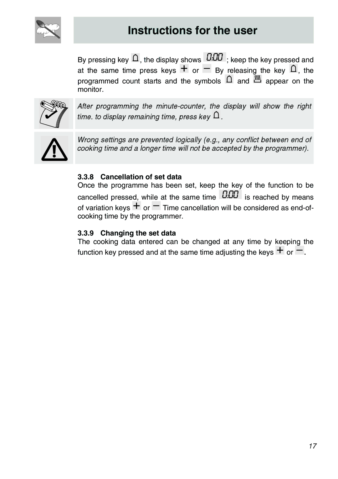 Smeg SA301W-5 manual Cancellation of set data, Changing the set data 