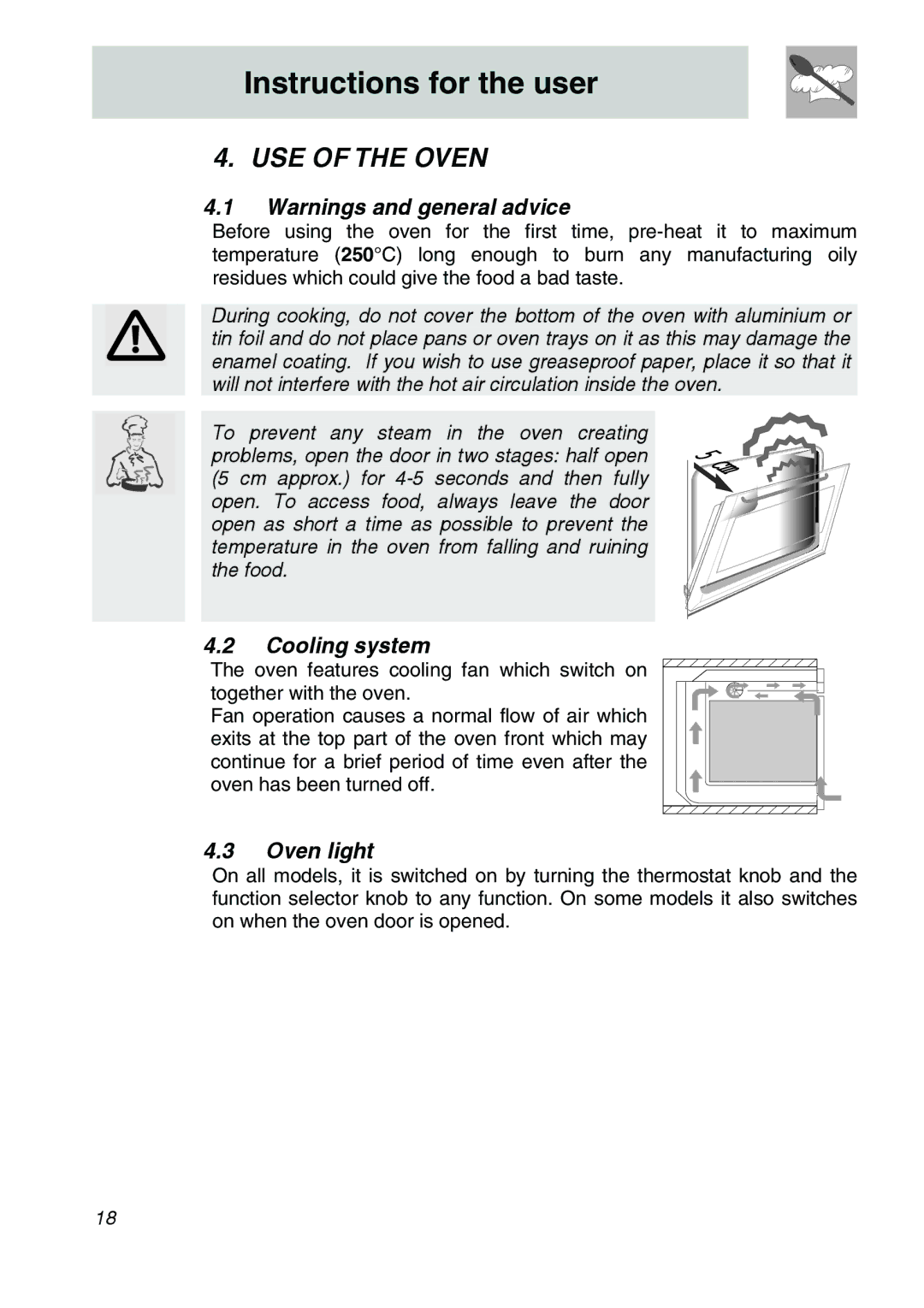 Smeg SA301W-5 manual USE of the Oven, Cooling system, Oven light 