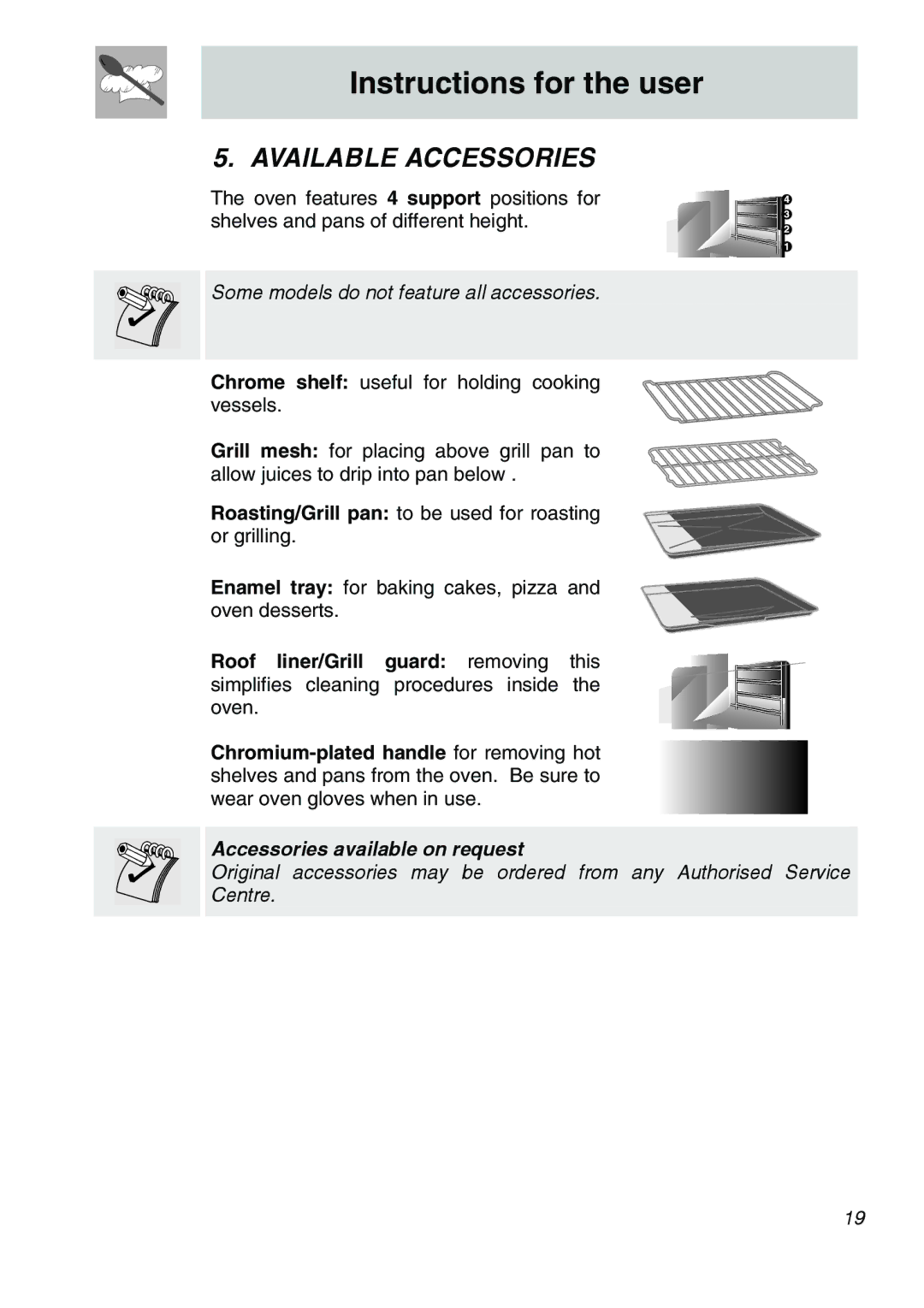 Smeg SA301W-5 manual Available Accessories, Some models do not feature all accessories 