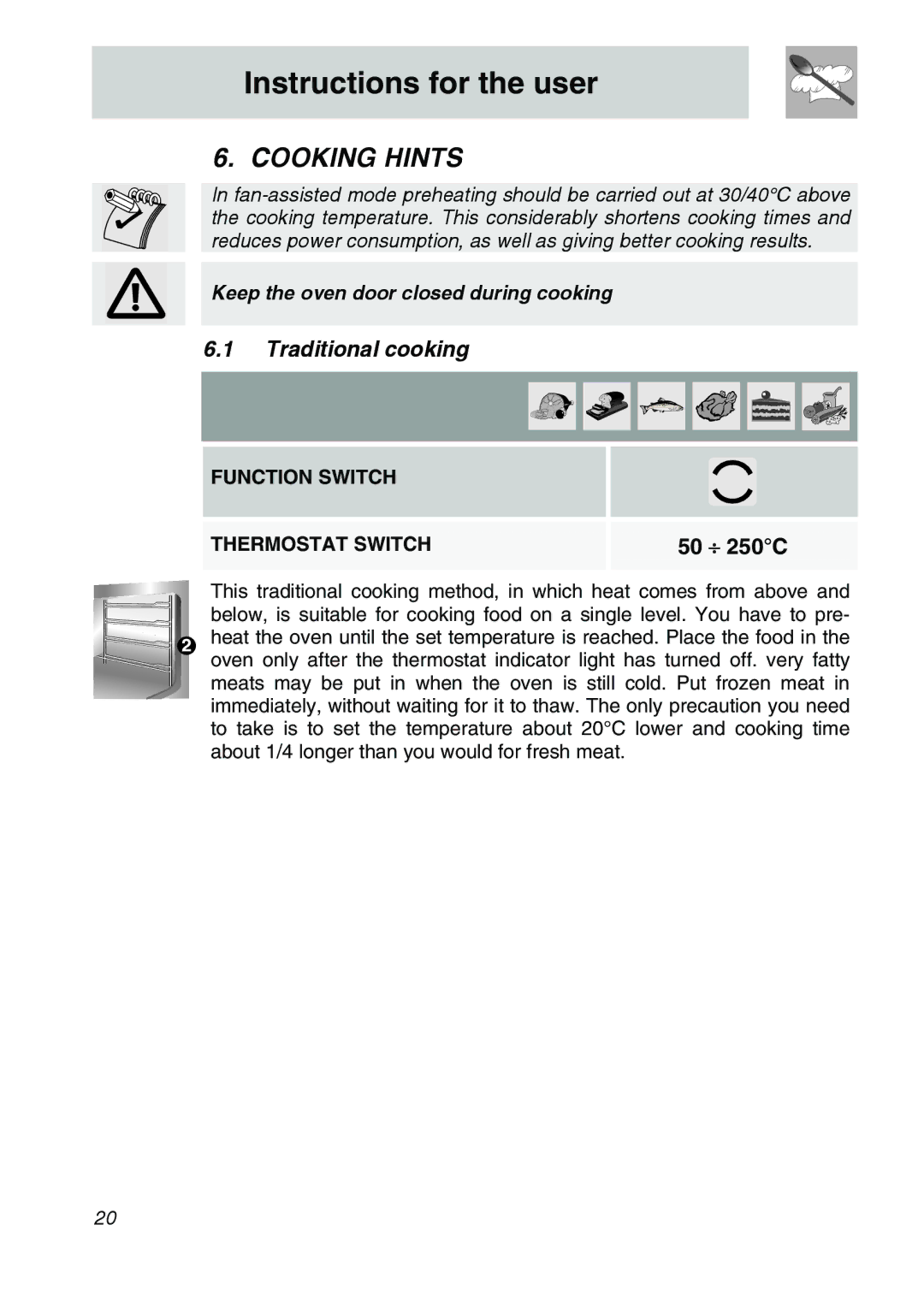 Smeg SA301W-5 manual Cooking Hints, Traditional cooking 