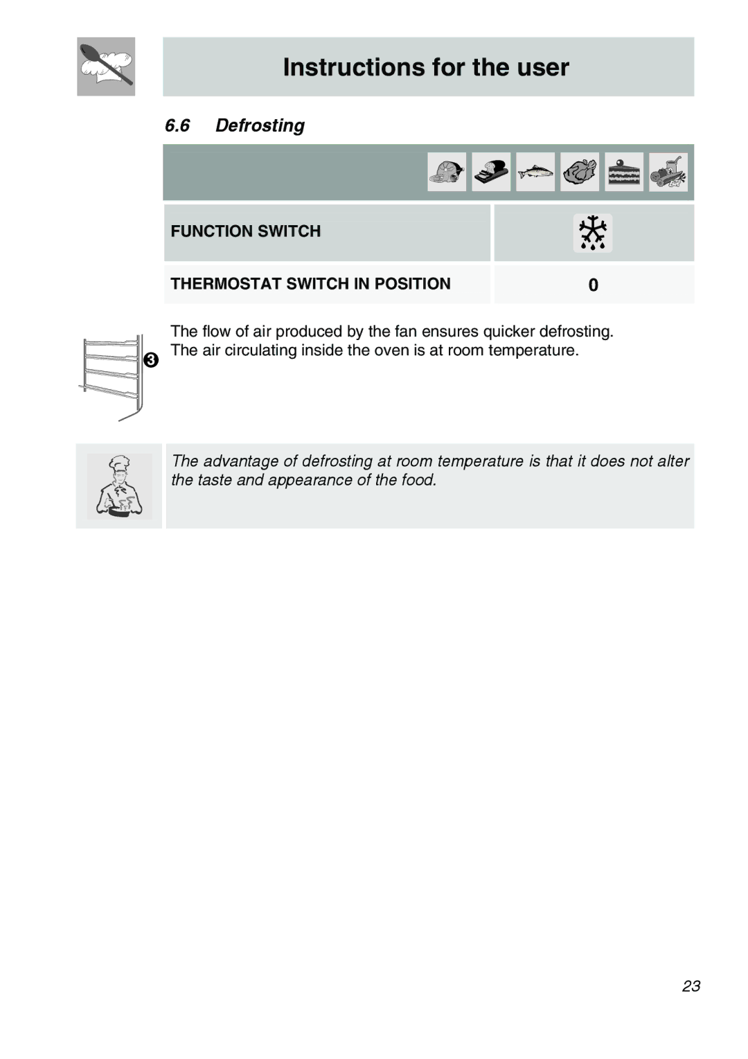 Smeg SA301W-5 manual Defrosting, Function Switch Thermostat Switch in Position 