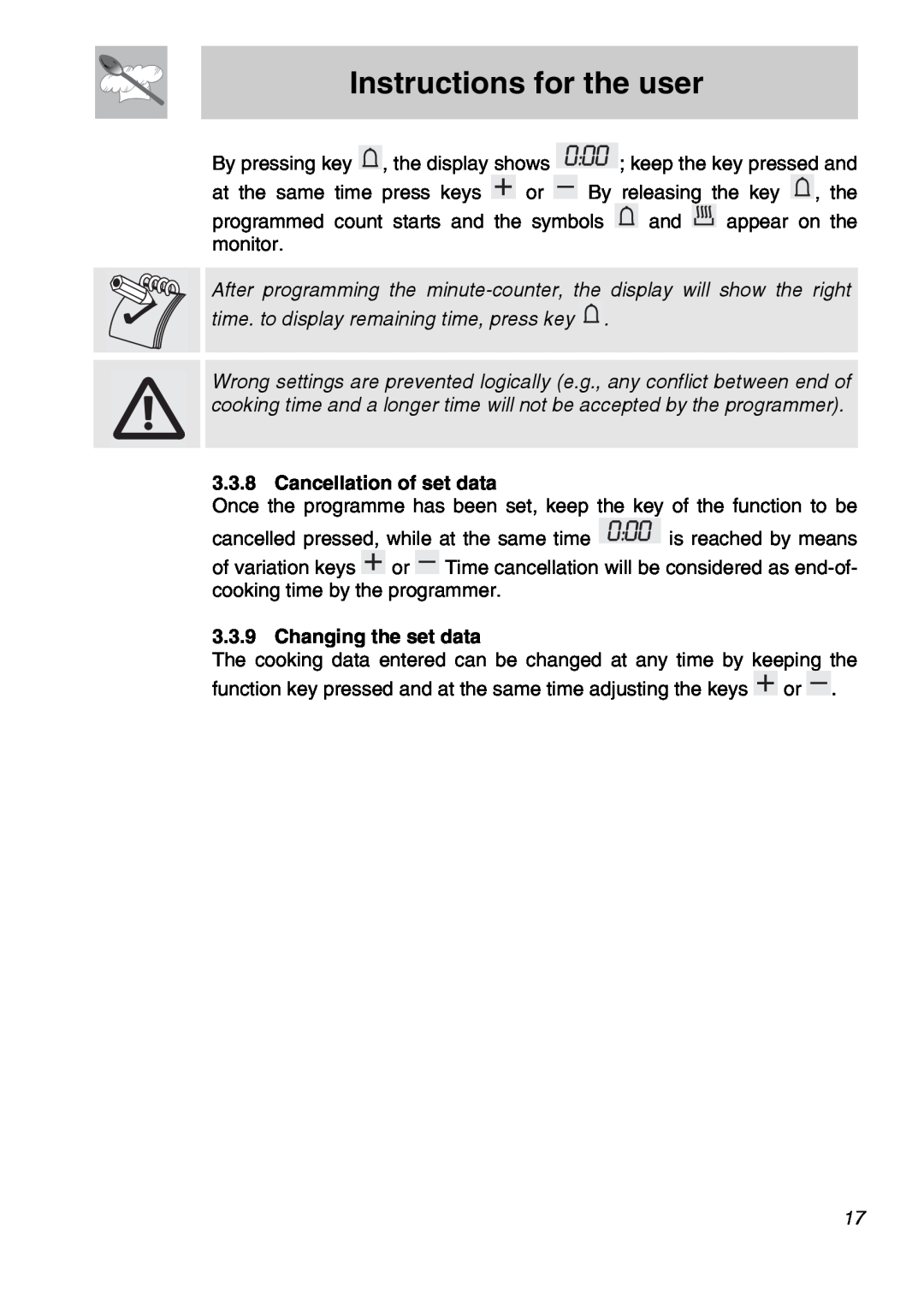 Smeg SA301W-5 manual Instructions for the user, Cancellation of set data, Changing the set data 