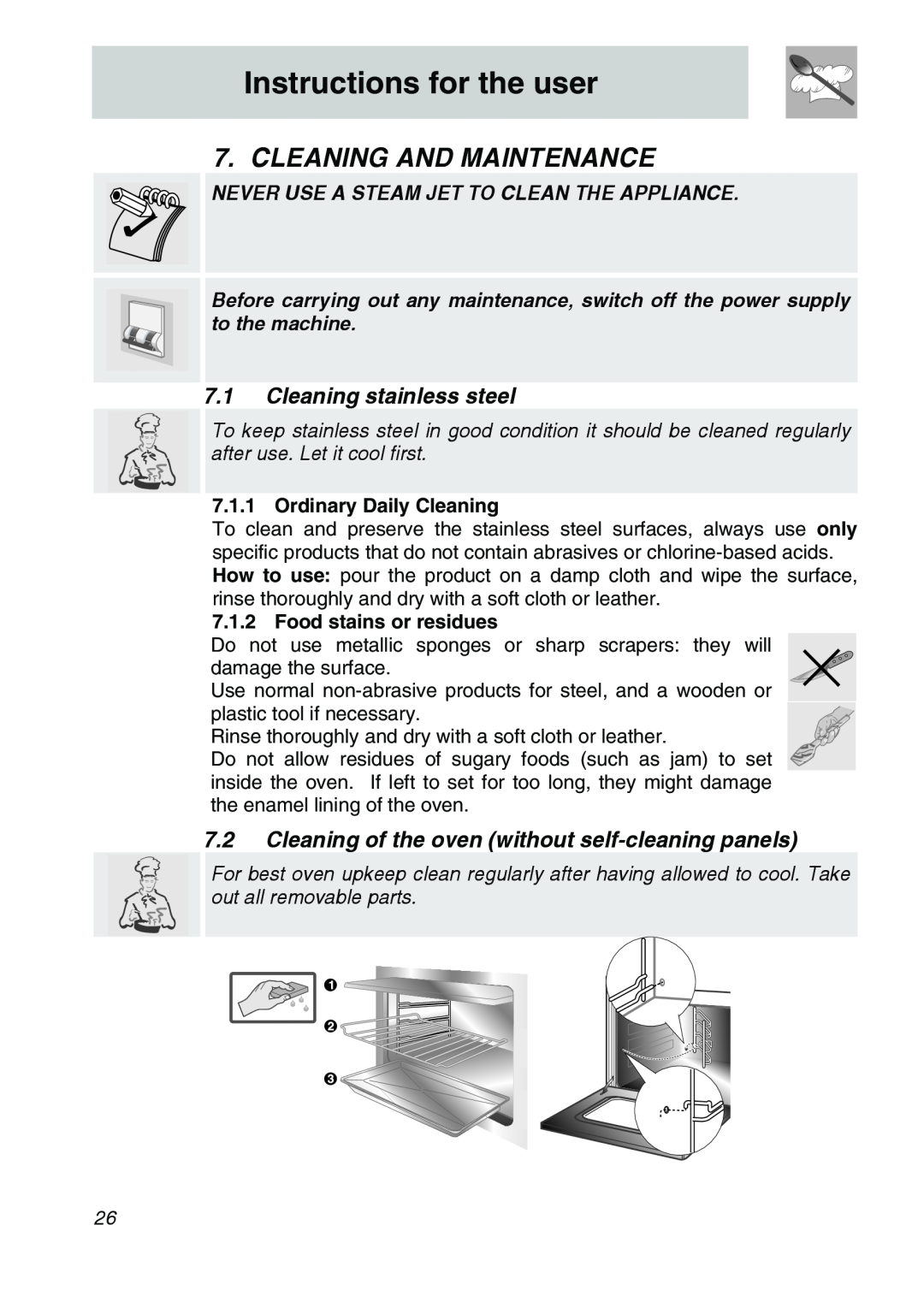 Smeg SA301W-5 Cleaning And Maintenance, 7.1Cleaning stainless steel, Instructions for the user, Ordinary Daily Cleaning 