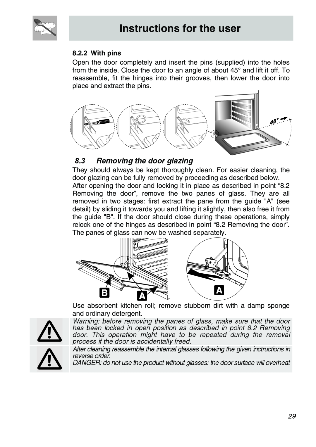 Smeg SA301W-5 manual 8.3Removing the door glazing, Instructions for the user, With pins 