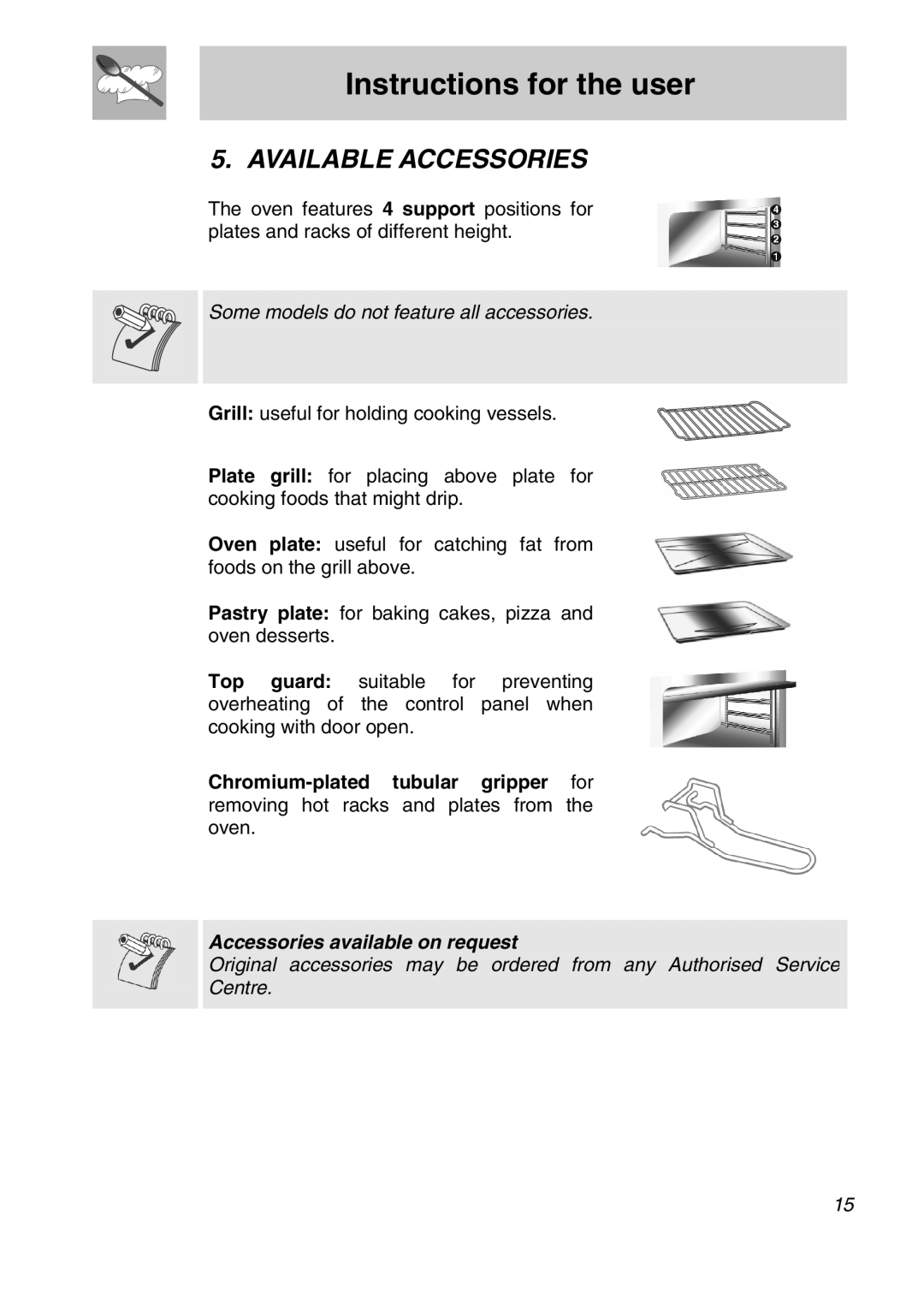Smeg SA301X manual Available Accessories, Some models do not feature all accessories 