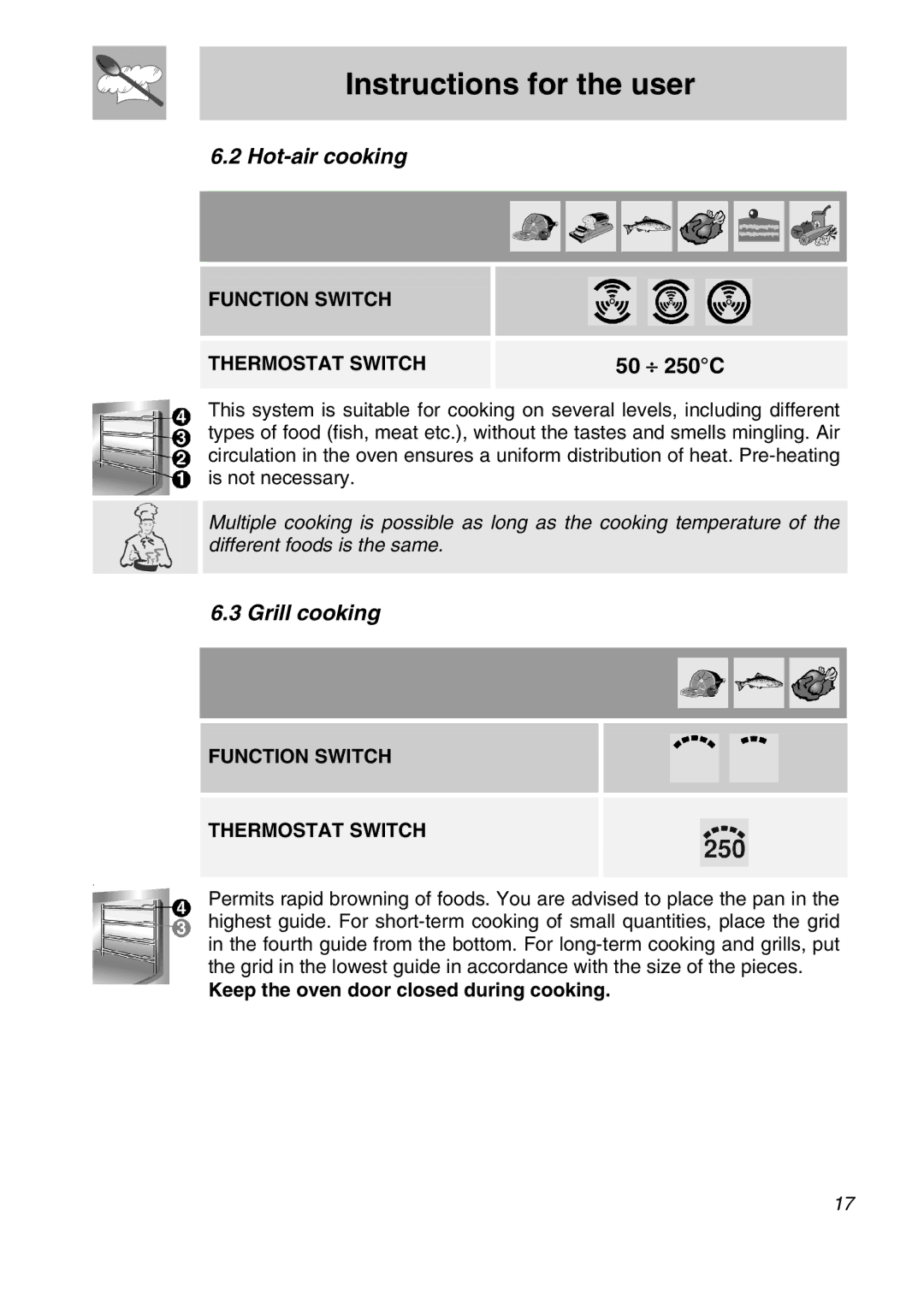 Smeg SA301X manual Hot-air cooking, Grill cooking, Keep the oven door closed during cooking 