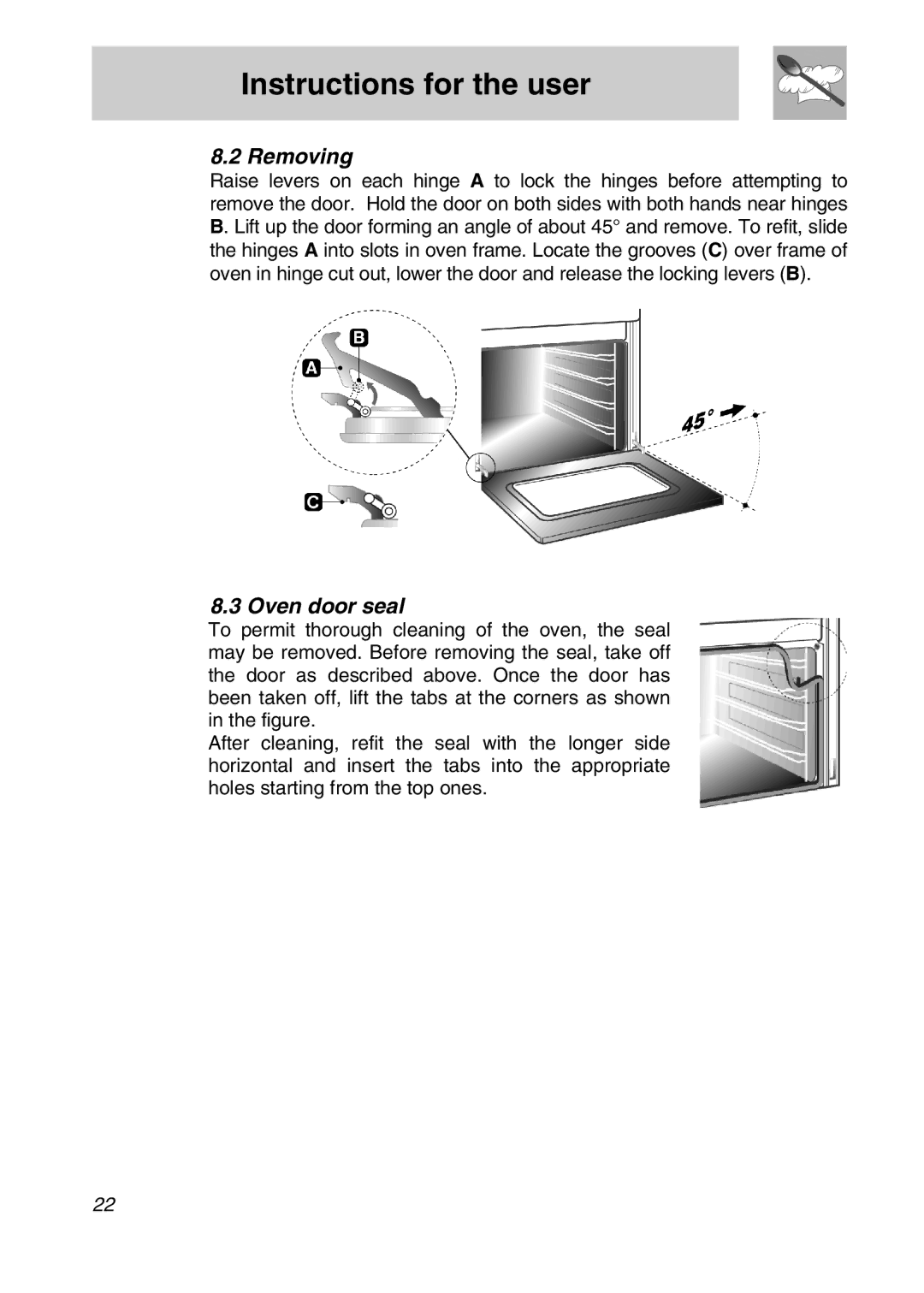 Smeg SA301X manual Removing, Oven door seal 