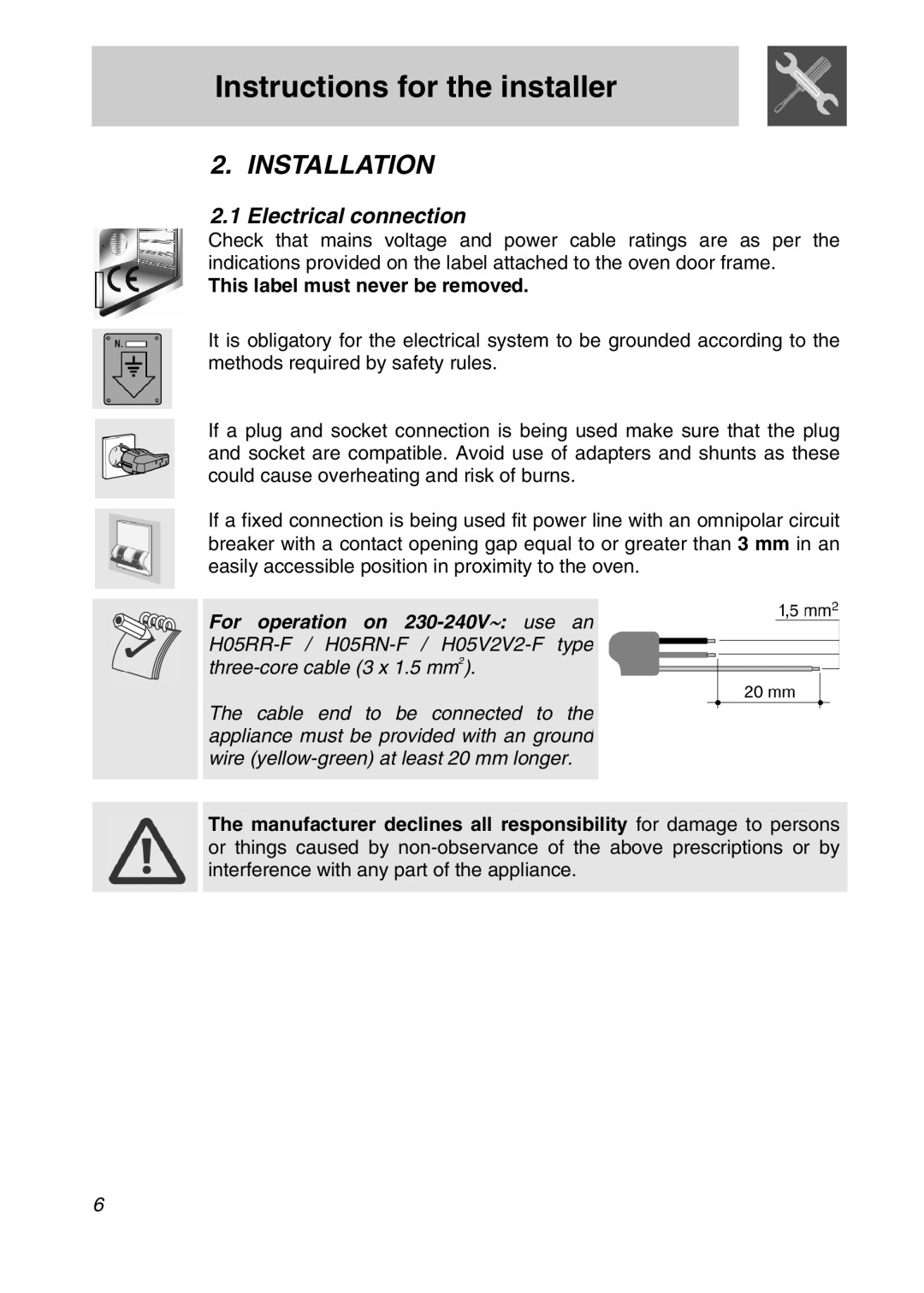 Smeg SA301X manual Instructions for the installer, Installation, Electrical connection, This label must never be removed 