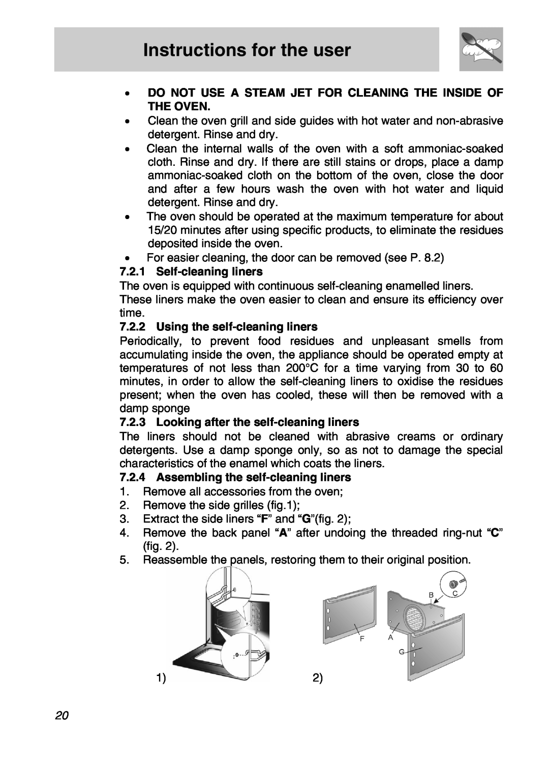 Smeg SA301X manual Instructions for the user, Self-cleaningliners, Using the self-cleaningliners 