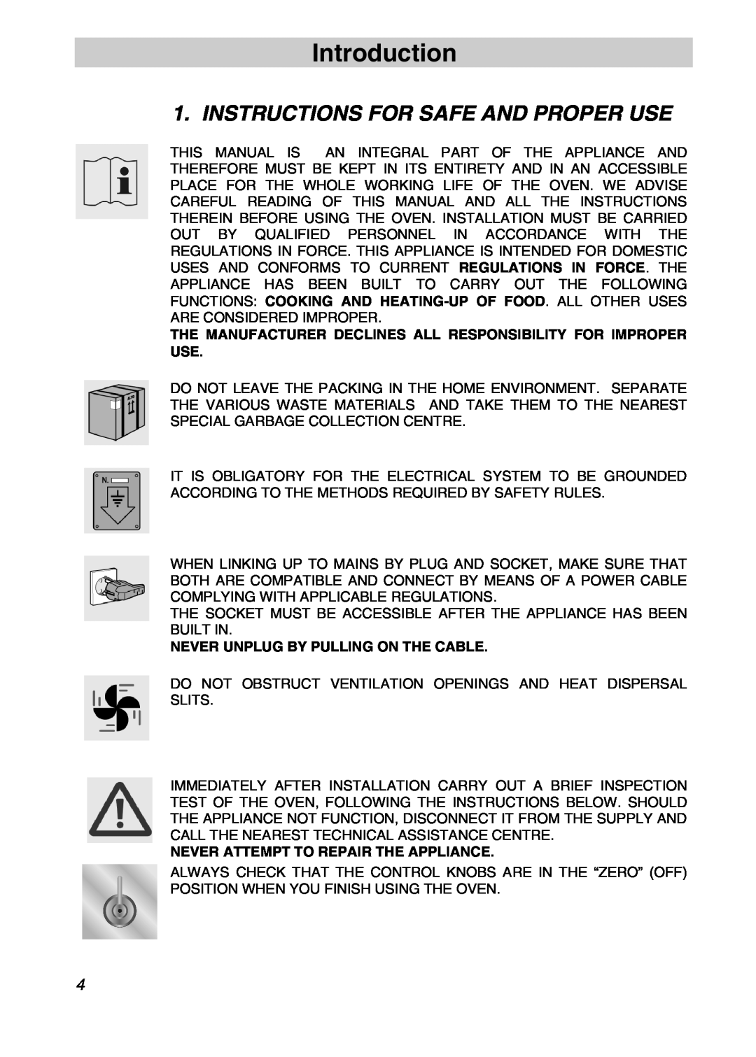 Smeg SA301X manual Introduction, Instructions For Safe And Proper Use, Never Unplug By Pulling On The Cable 
