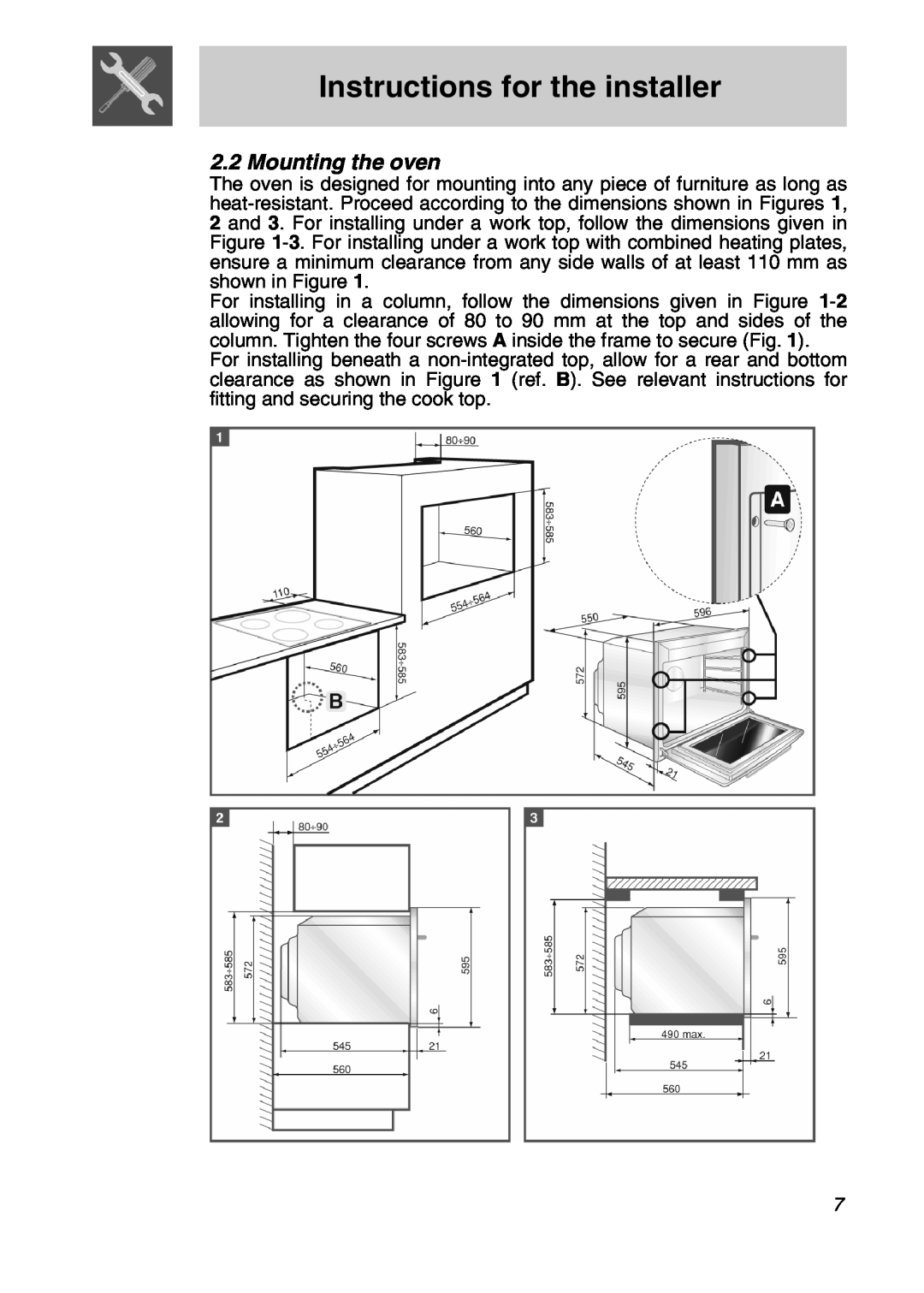 Smeg SA301X manual Mounting the oven, Instructions for the installer 