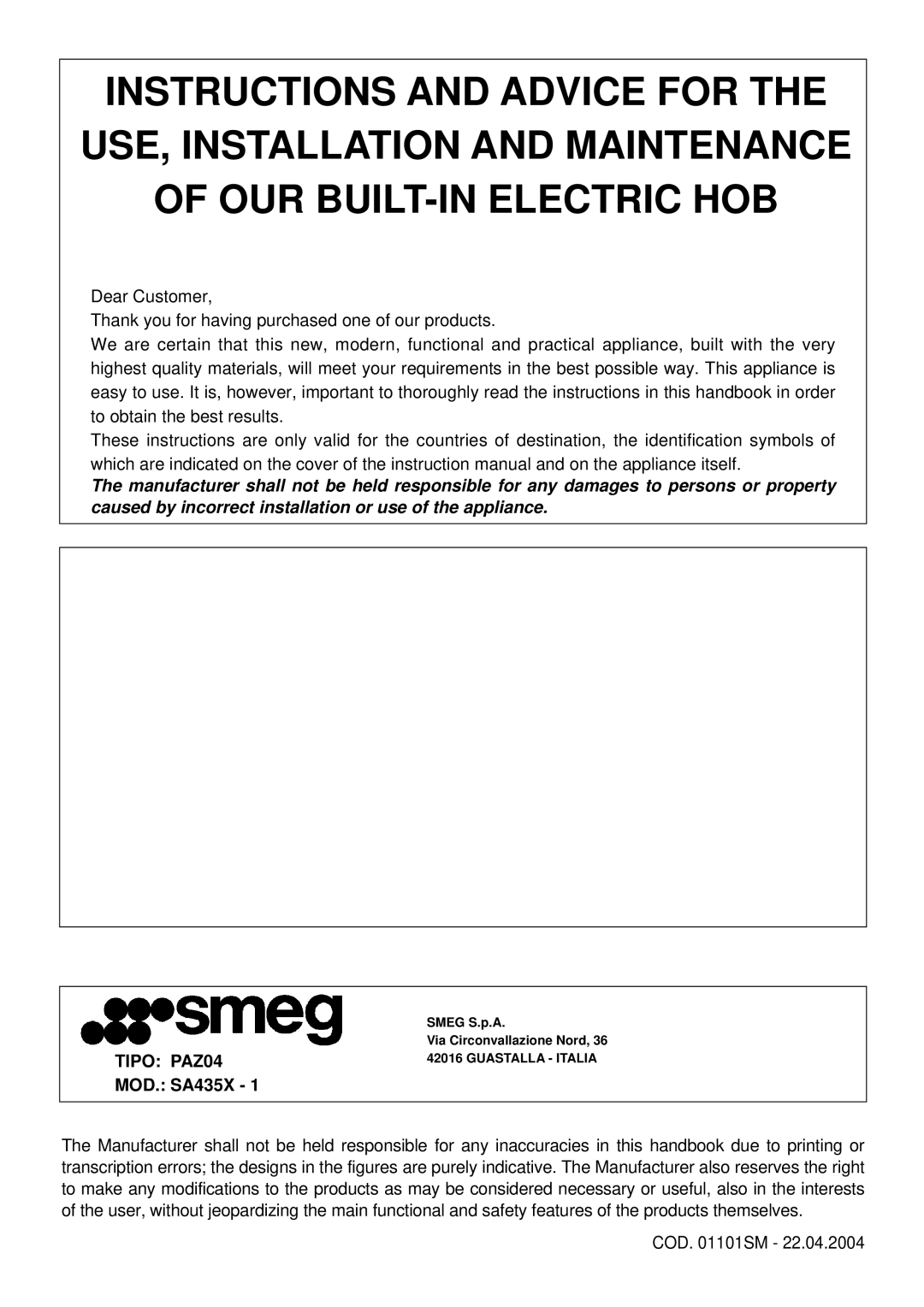 Smeg SA435X-1 instruction manual Tipo PAZ04, MOD. SA435X 