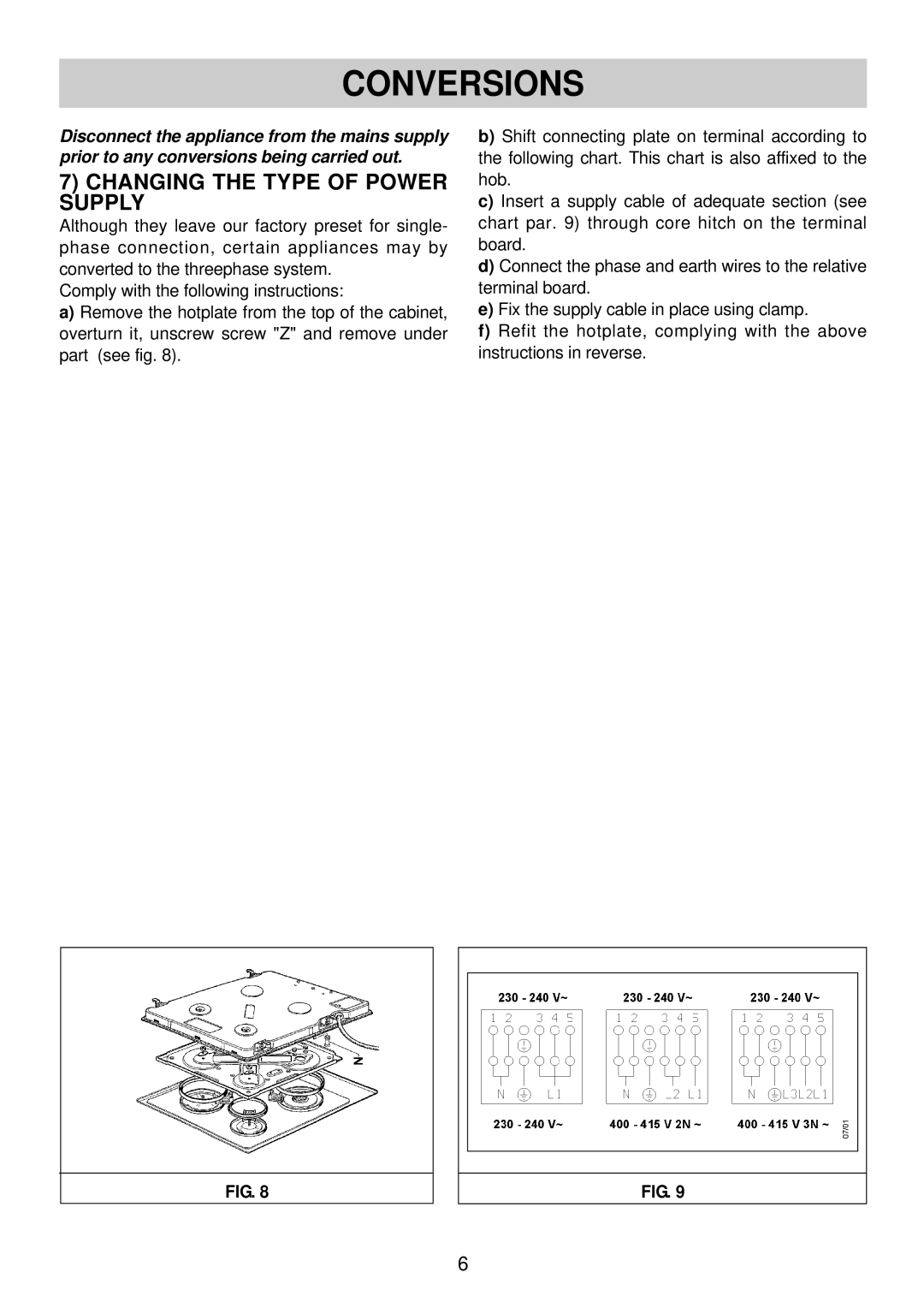 Smeg SA435X-1 instruction manual Conversions, Changing the Type of Power Supply 