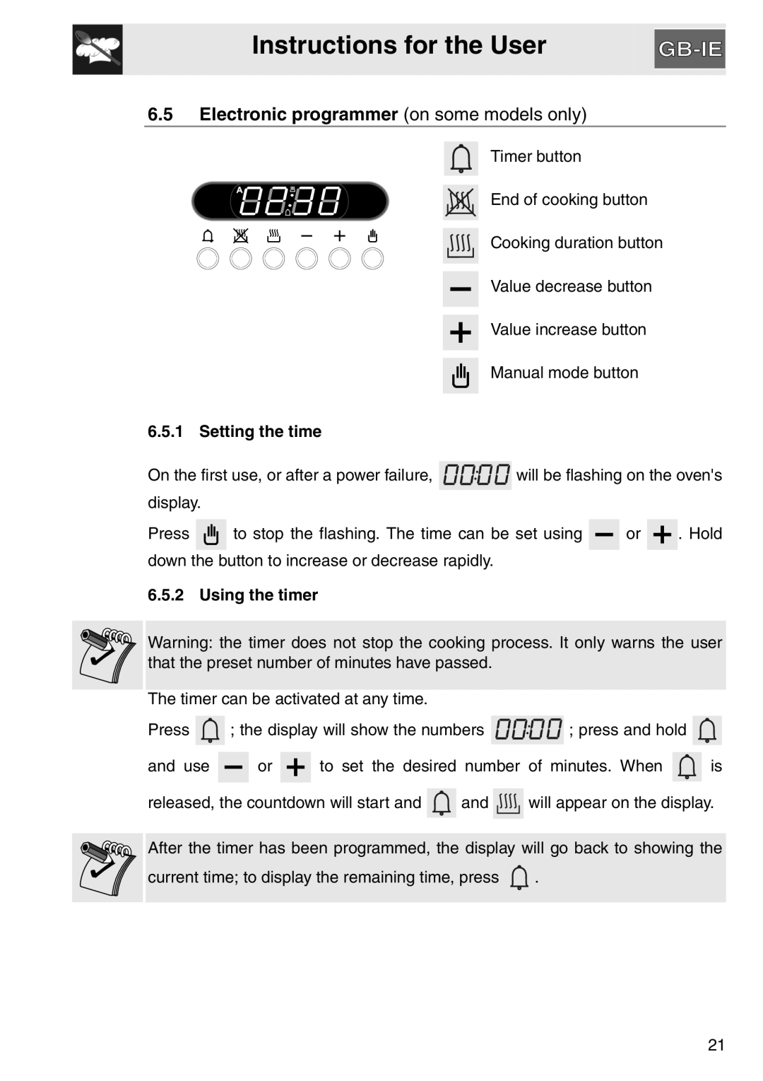 Smeg SA561X-9 installation instructions Electronic programmer on some models only, Setting the time, Using the timer 