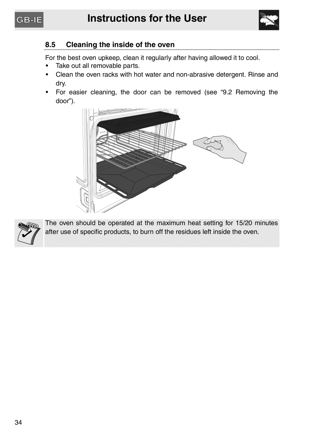 Smeg SA561X-9 installation instructions Cleaning the inside of the oven 