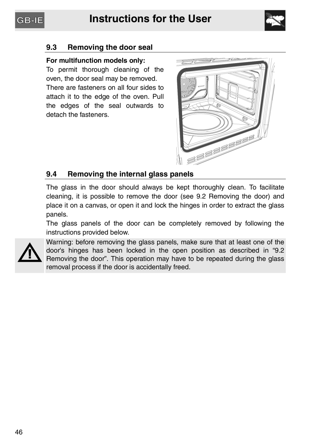 Smeg SA561X-9 Removing the door seal, Removing the internal glass panels, For multifunction models only 