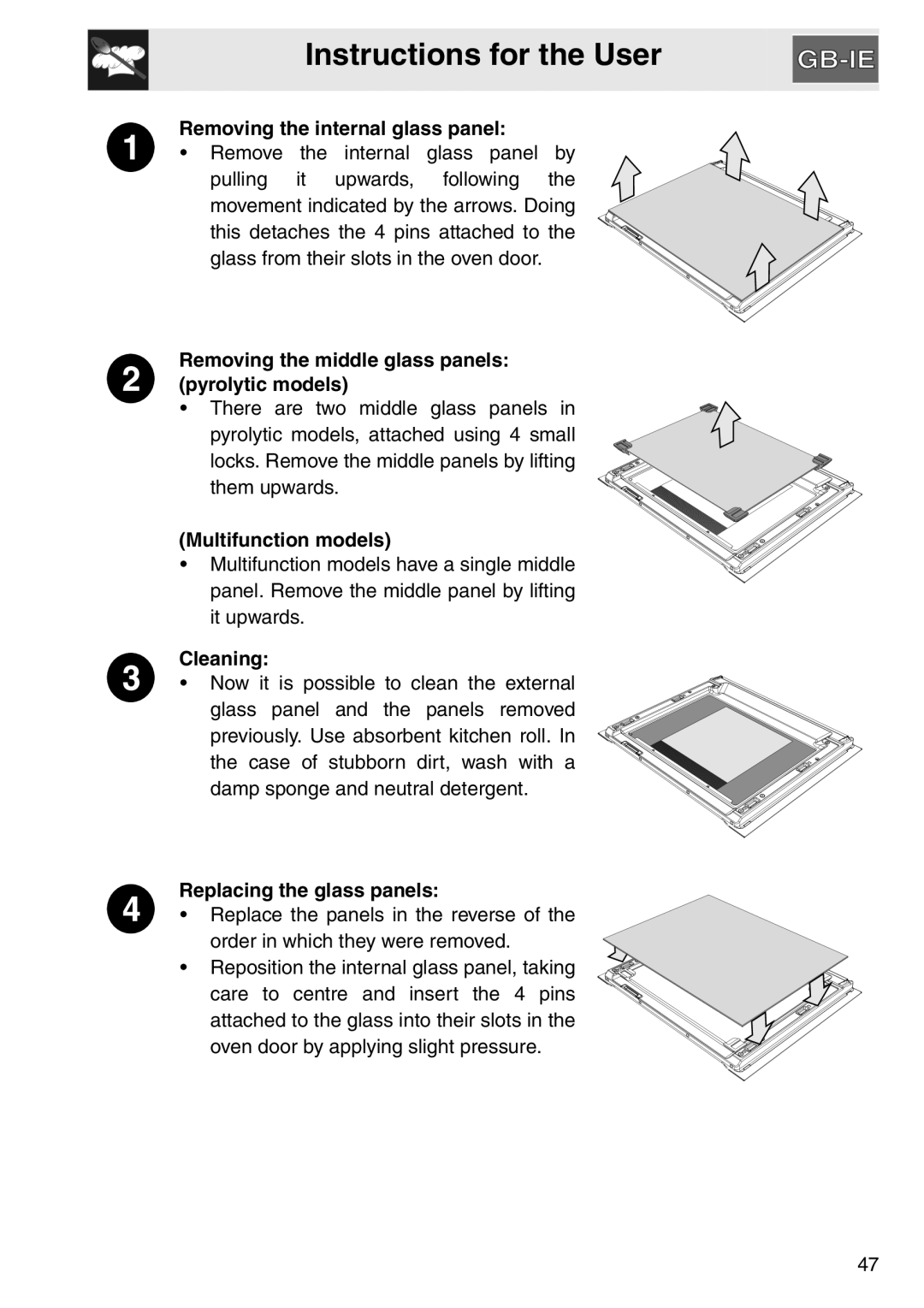 Smeg SA561X-9 Removing the internal glass panel, Removing the middle glass panels pyrolytic models, Multifunction models 