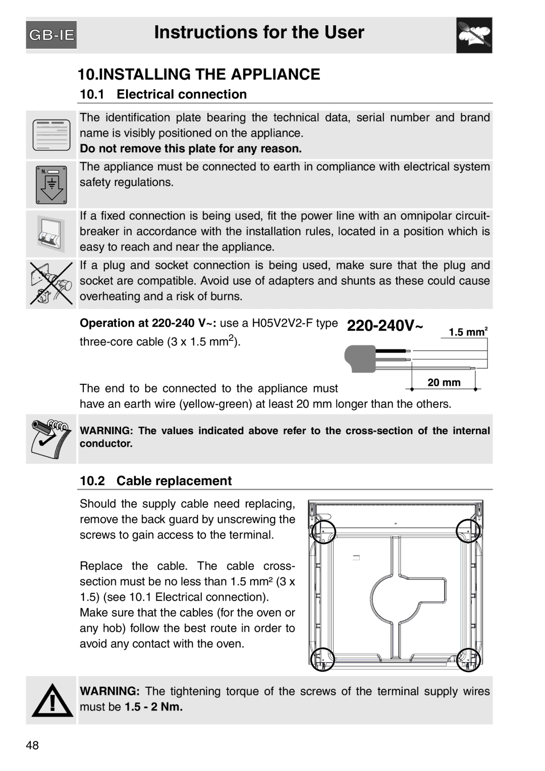 Smeg SA561X-9 Installing the Appliance, Electrical connection, Cable replacement, Do not remove this plate for any reason 