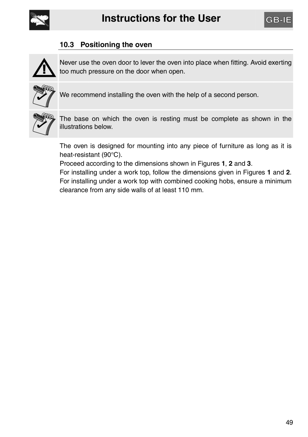 Smeg SA561X-9 installation instructions Positioning the oven 