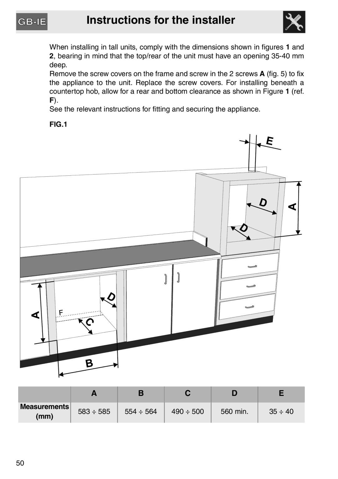 Smeg SA561X-9 installation instructions Instructions for the installer, Measurements 