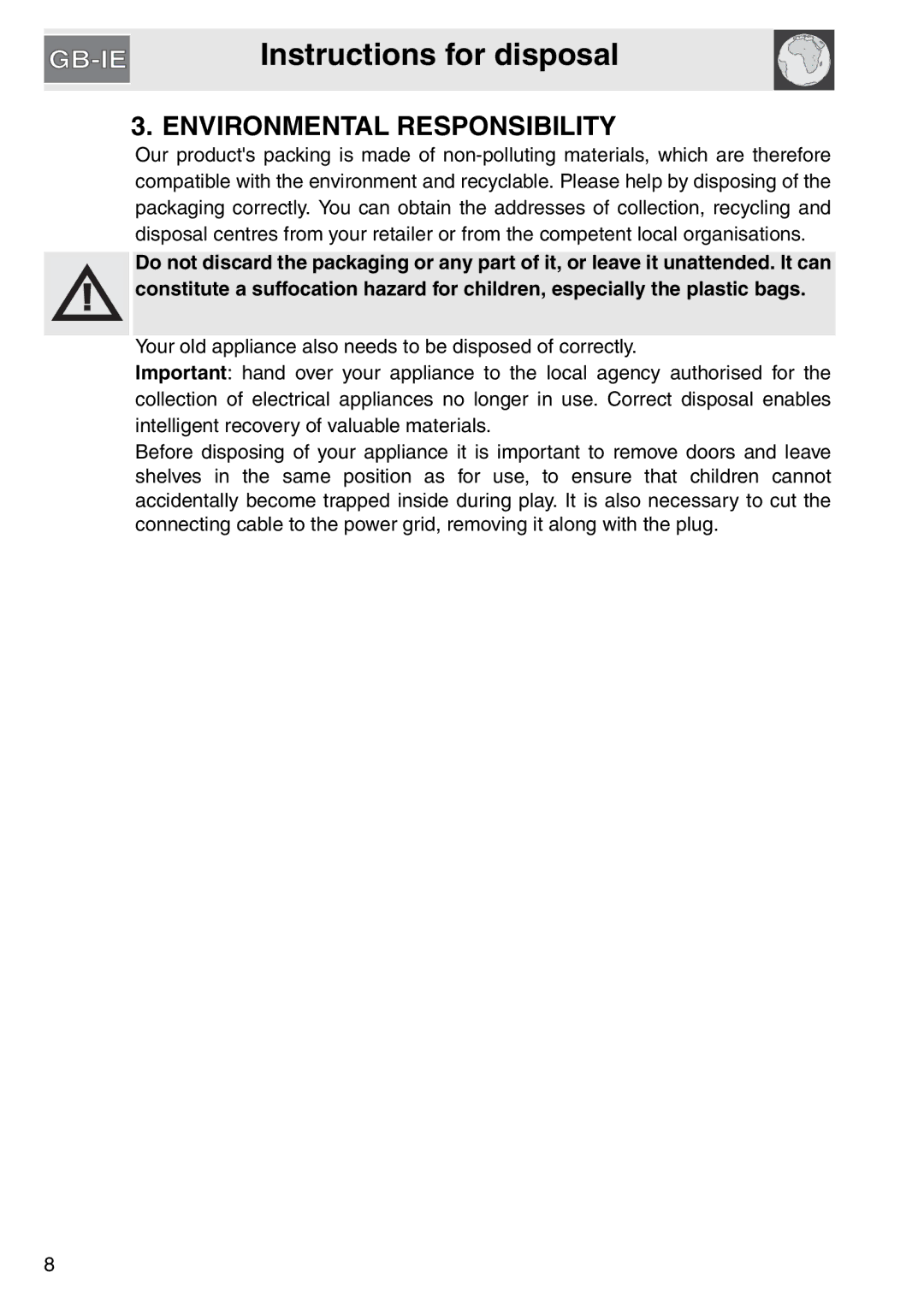 Smeg SA561X-9 installation instructions Instructions for disposal, Environmental Responsibility 