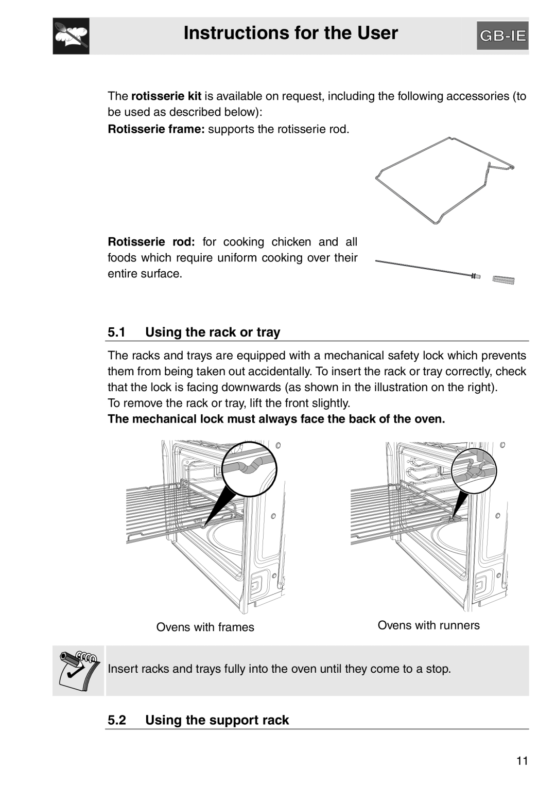 Smeg SA561X-9 installation instructions Using the rack or tray, Using the support rack, Instructions for the User 