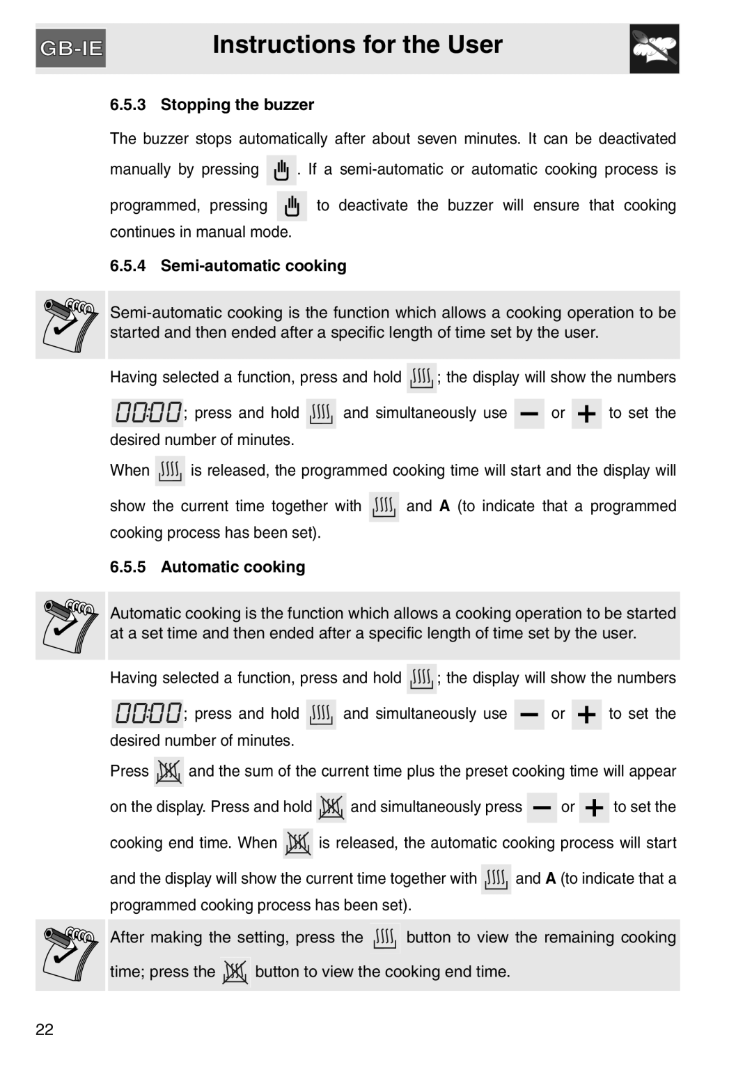 Smeg SA561X-9 Instructions for the User, Stopping the buzzer, Semi-automatic cooking, Automatic cooking 