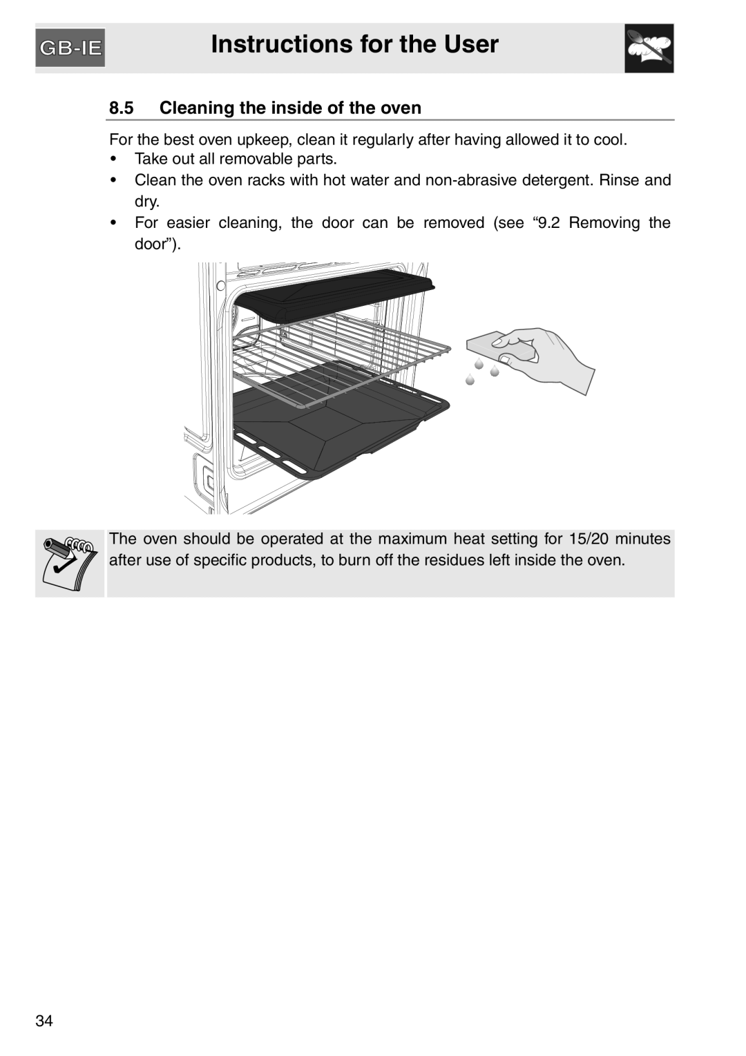 Smeg SA561X-9 installation instructions Cleaning the inside of the oven, Instructions for the User 