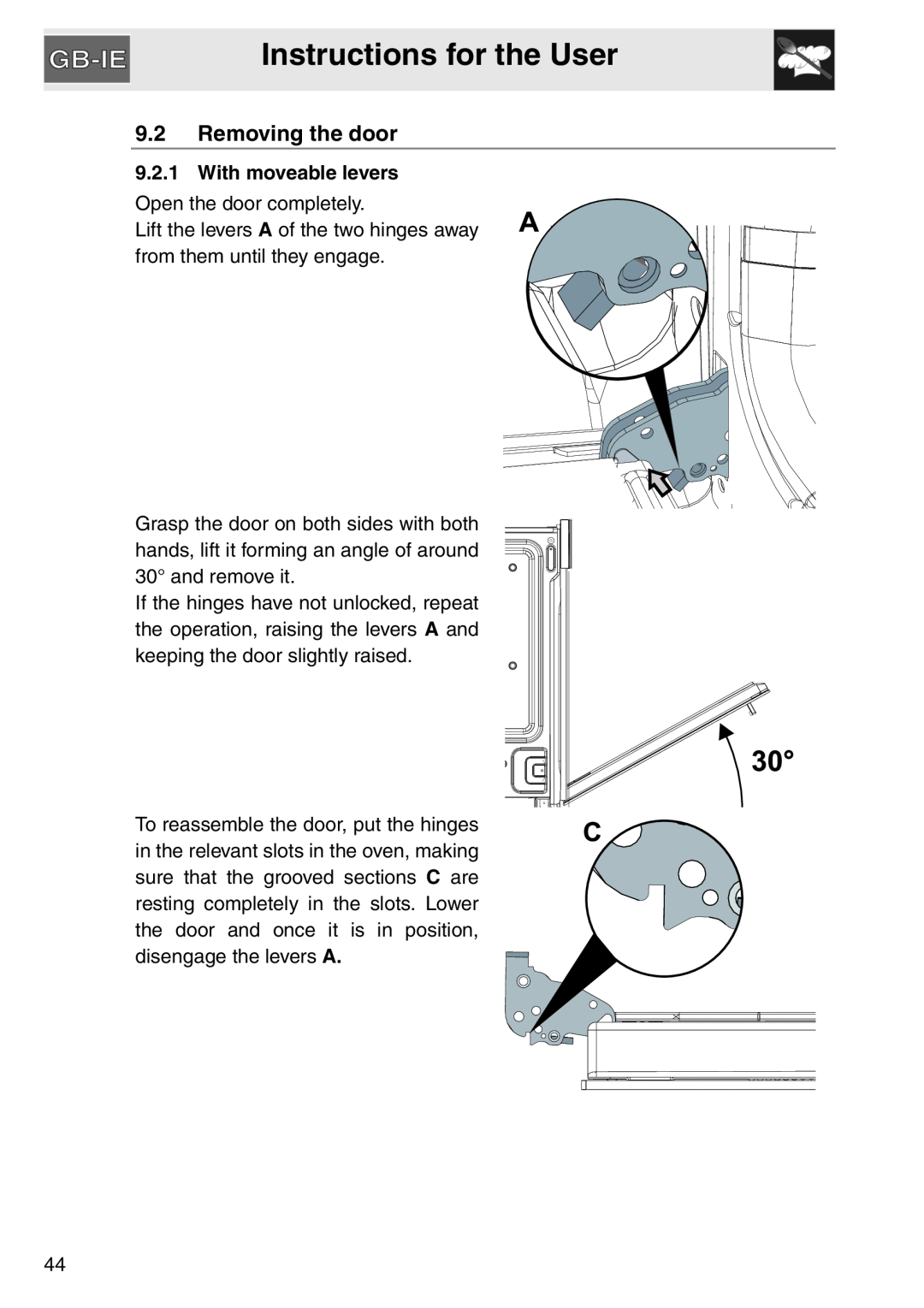 Smeg SA561X-9 installation instructions Removing the door, Instructions for the User, With moveable levers 