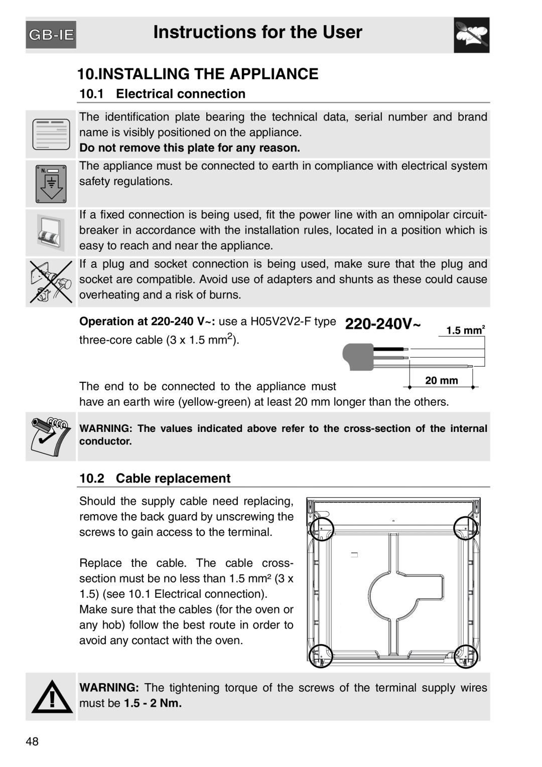 Smeg SA561X-9 Installing The Appliance, Electrical connection, Cable replacement, Instructions for the User 