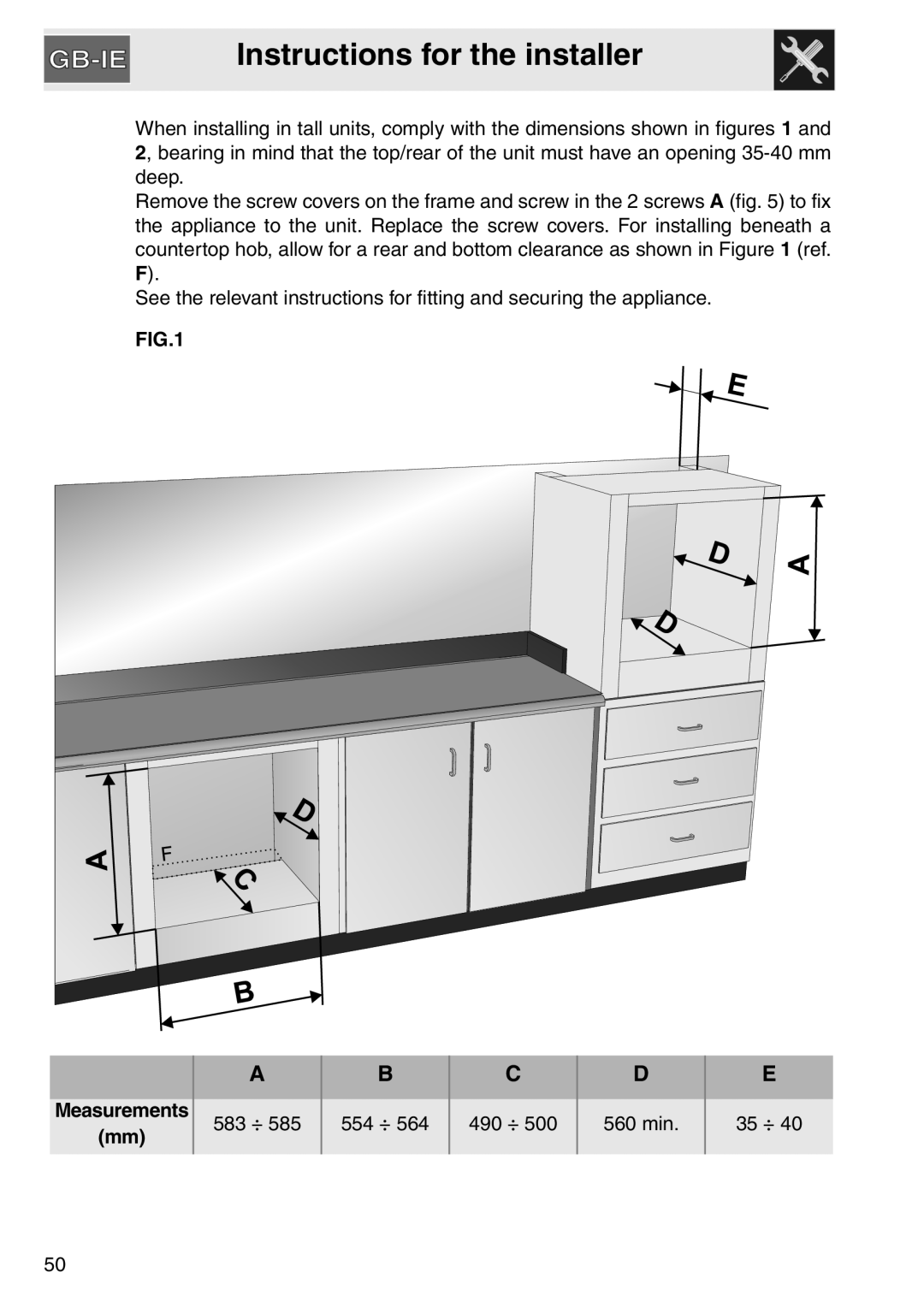 Smeg SA561X-9 installation instructions Instructions for the installer, Measurements mm 