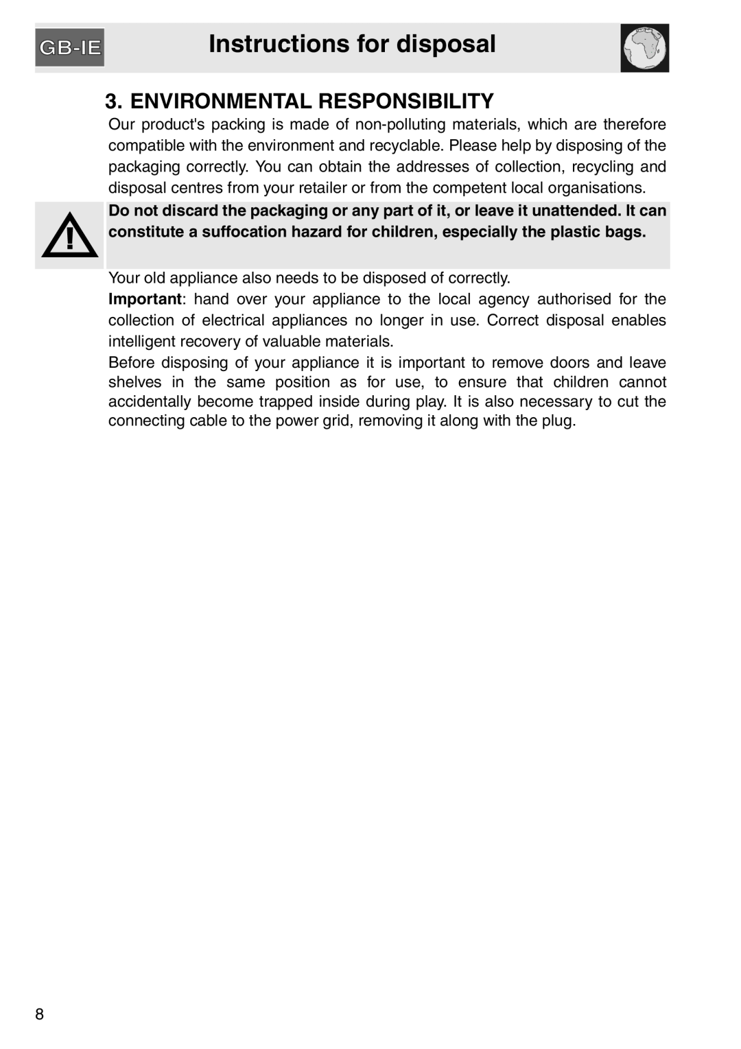 Smeg SA561X-9 installation instructions Instructions for disposal, Environmental Responsibility 