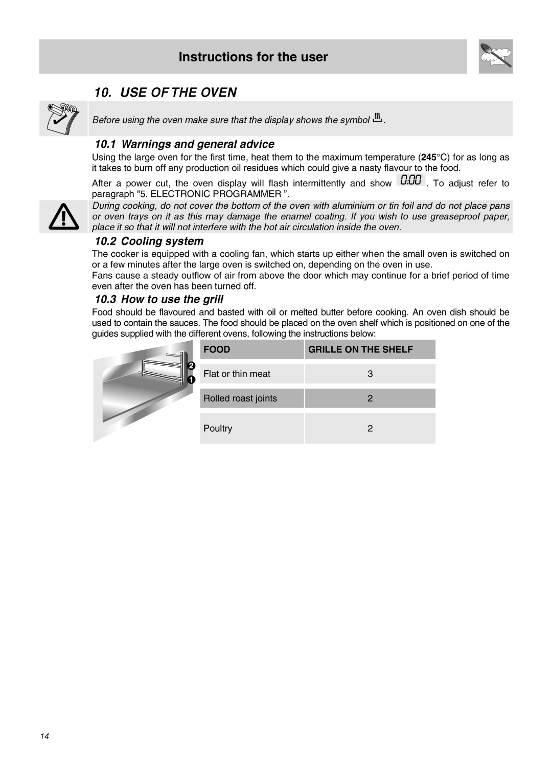 Smeg SA62MFX5 manual USE of the Oven, Cooling system, How to use the grill, Food Grille on the Shelf 