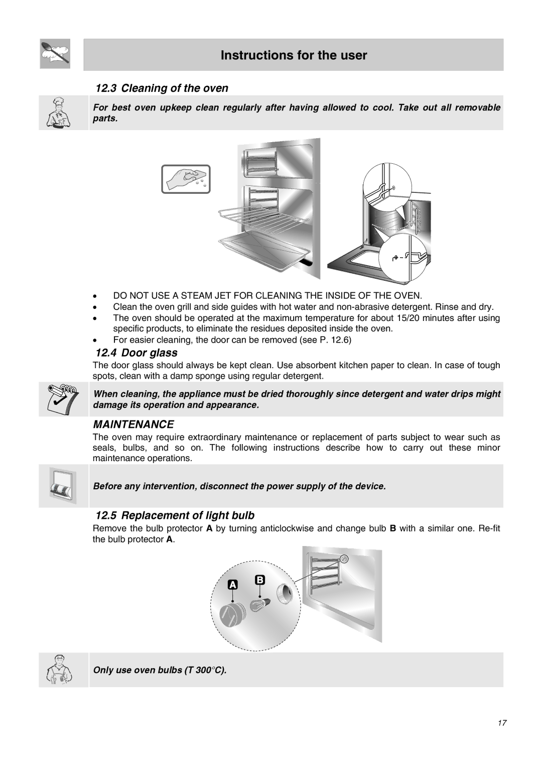 Smeg SA62MFX5 manual Cleaning of the oven, Door glass, Replacement of light bulb 