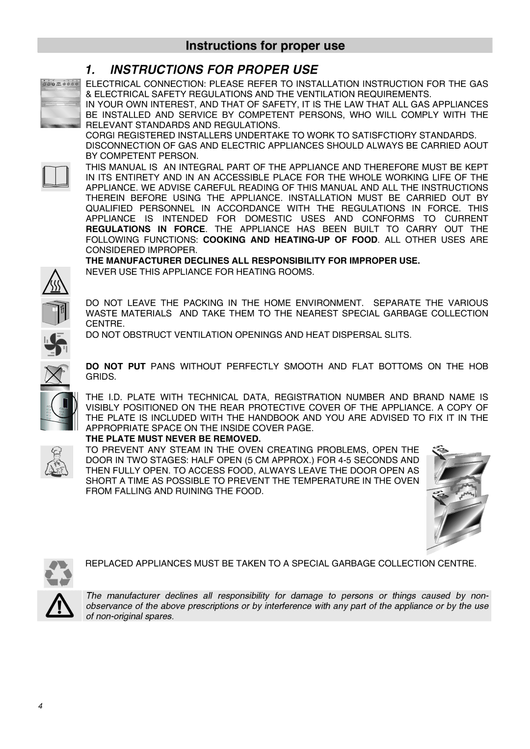 Smeg SA62MFX5 manual Instructions for Proper USE, Manufacturer Declines ALL Responsibility for Improper USE 