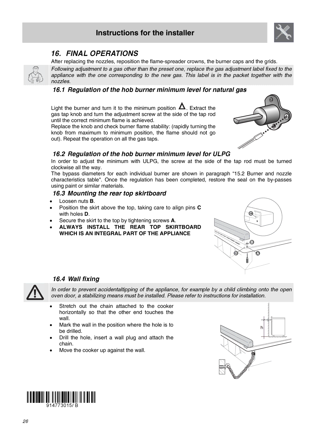 Smeg SA62MFX5 manual Final Operations, Regulation of the hob burner minimum level for natural gas, Wall fixing 