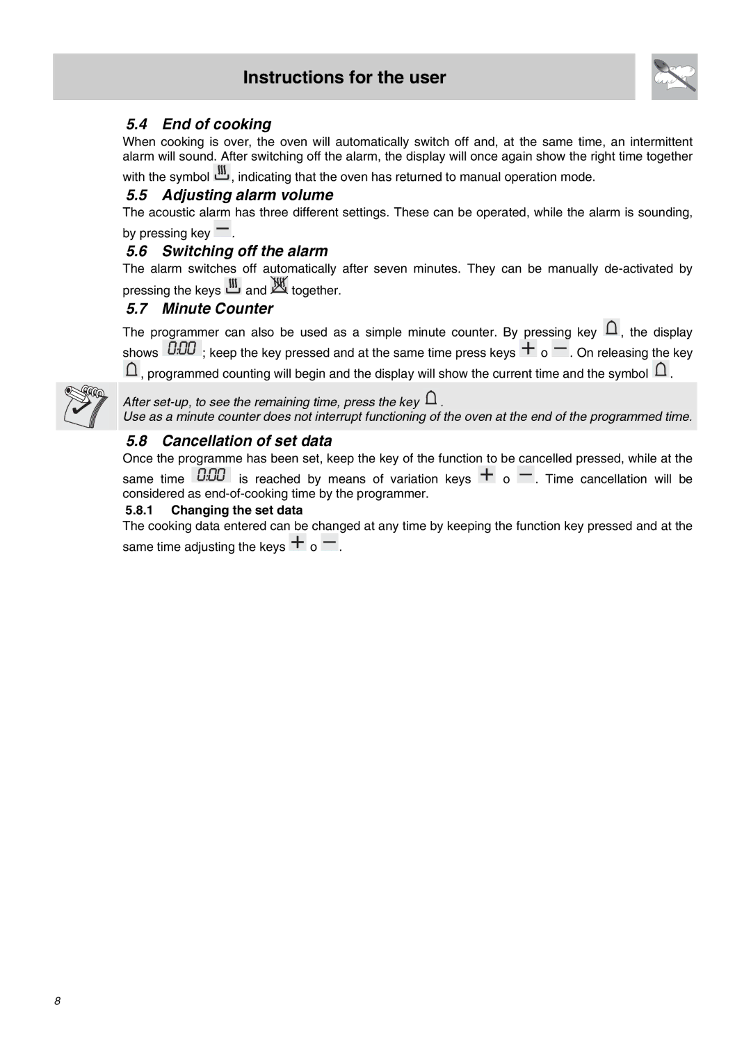 Smeg SA62MFX5 End of cooking, Adjusting alarm volume, Switching off the alarm, Minute Counter, Cancellation of set data 