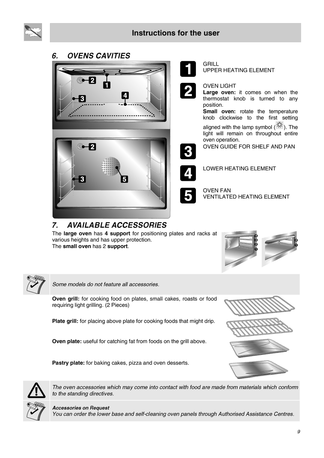 Smeg SA62MFX5 manual Ovens Cavities, Available Accessories 