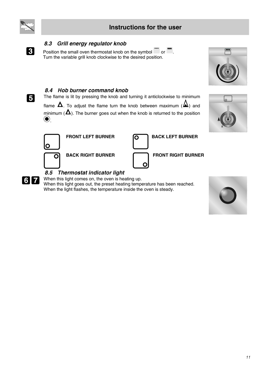 Smeg SA62MFX5 manual Grill energy regulator knob, Hob burner command knob, Thermostat indicator light 