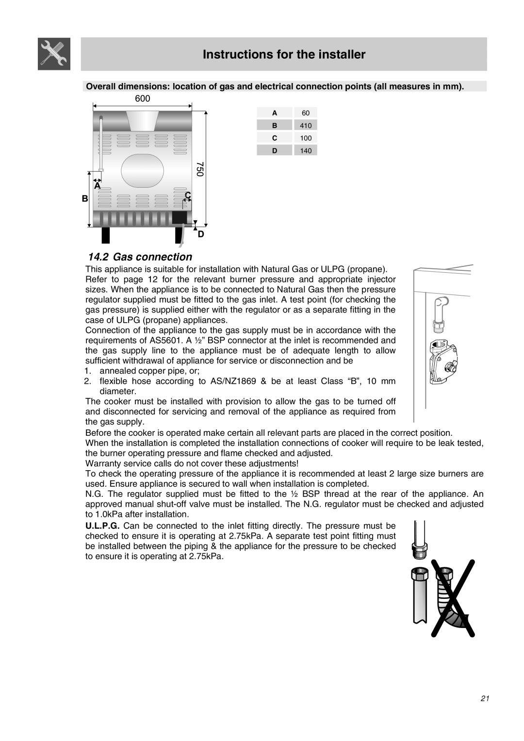 Smeg SA62MFX5 manual Gas connection, Instructions for the installer 