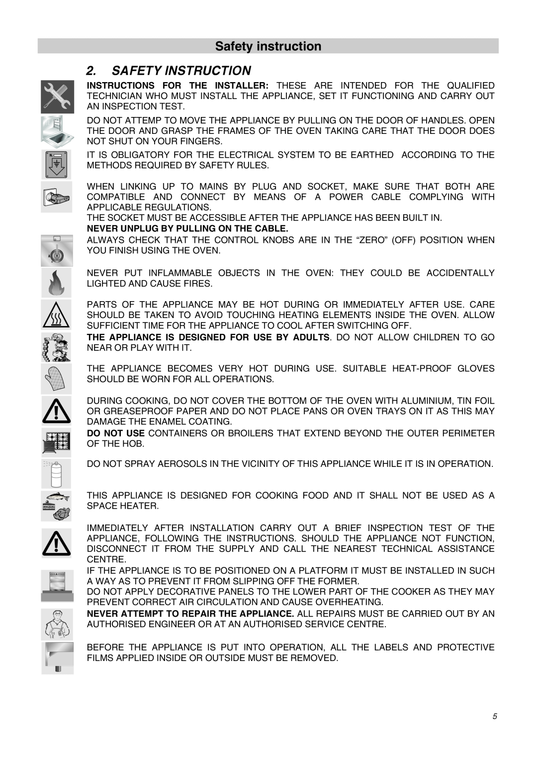 Smeg SA62MFX5 manual Safety instruction, Safety Instruction 