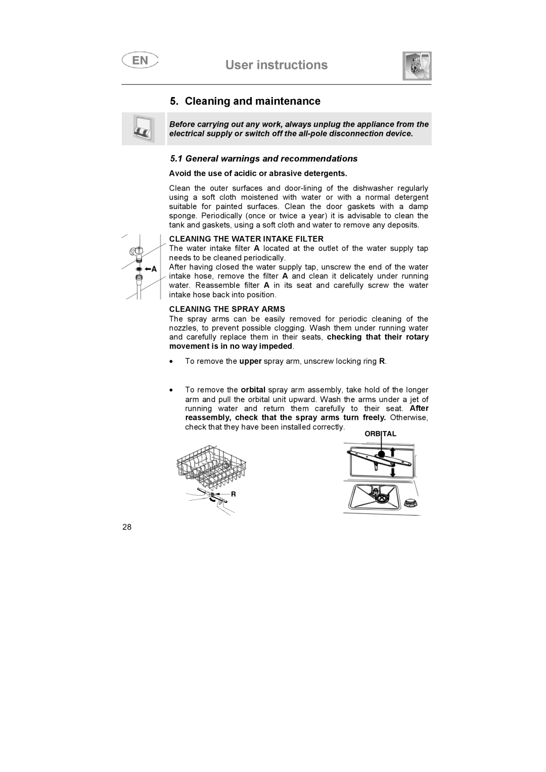 Smeg SA683X-1, SA683X-2 Cleaning and maintenance, Cleaning the Water Intake Filter, Cleaning the Spray Arms 