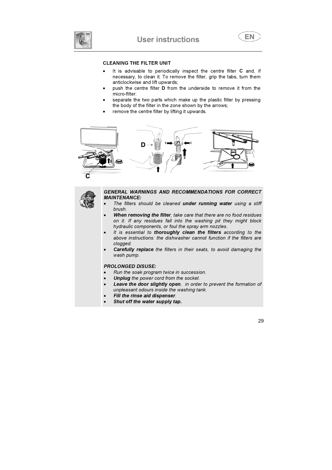 Smeg SA683X-2, SA683X-1 instruction manual Cleaning the Filter Unit, Prolonged Disuse 