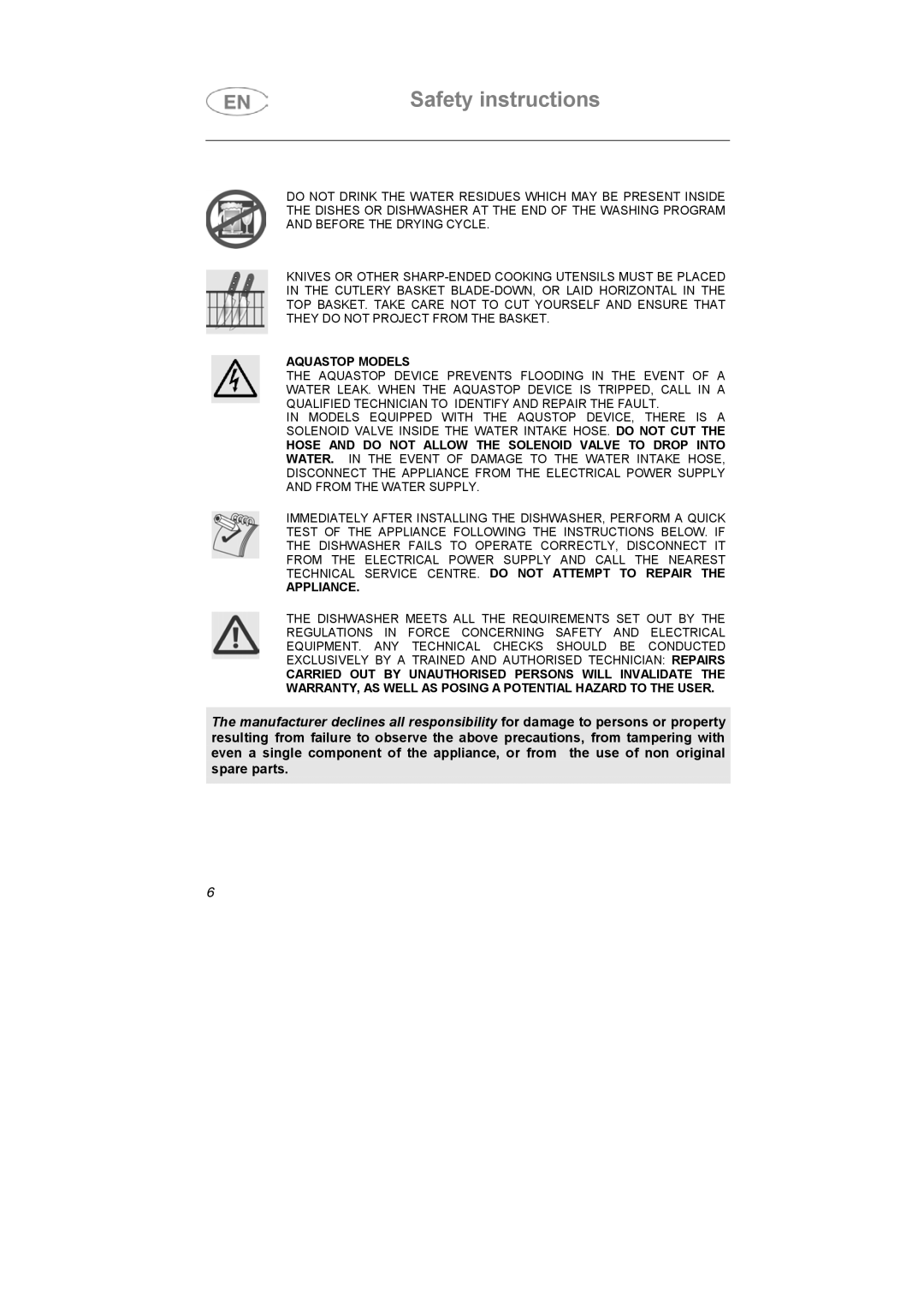 Smeg SA683X-1, SA683X-2 instruction manual Aquastop Models 