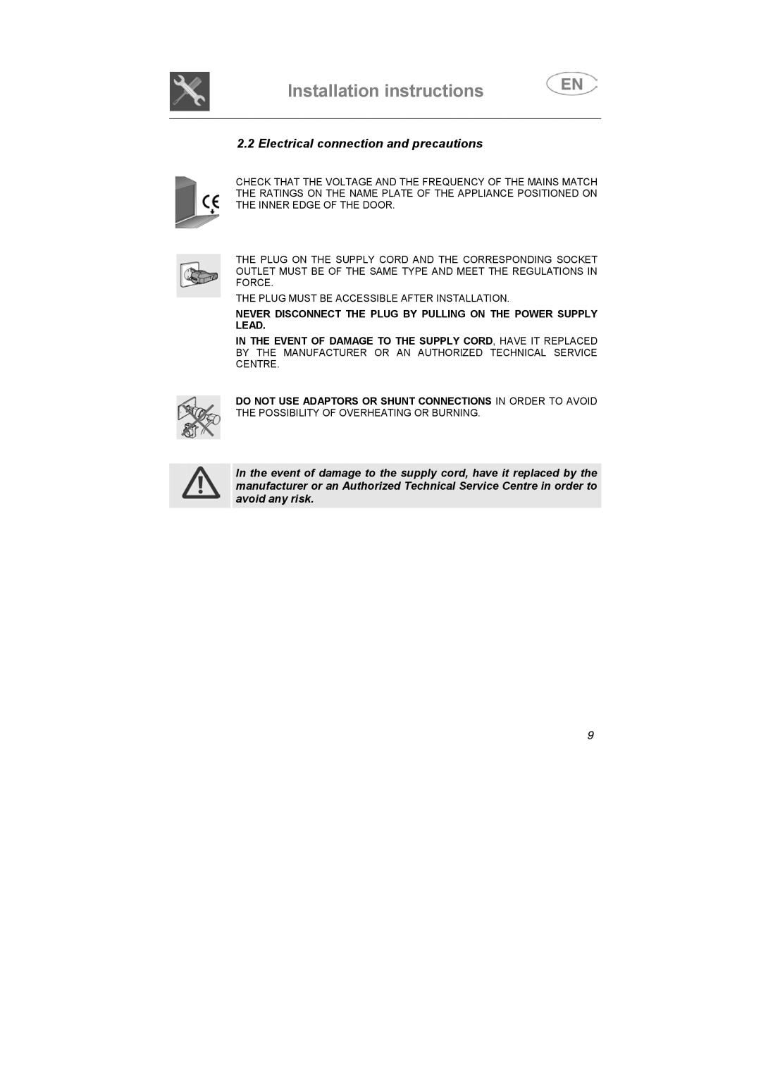 Smeg SA683X-2, SA683X-1 instruction manual Electrical connection and precautions 