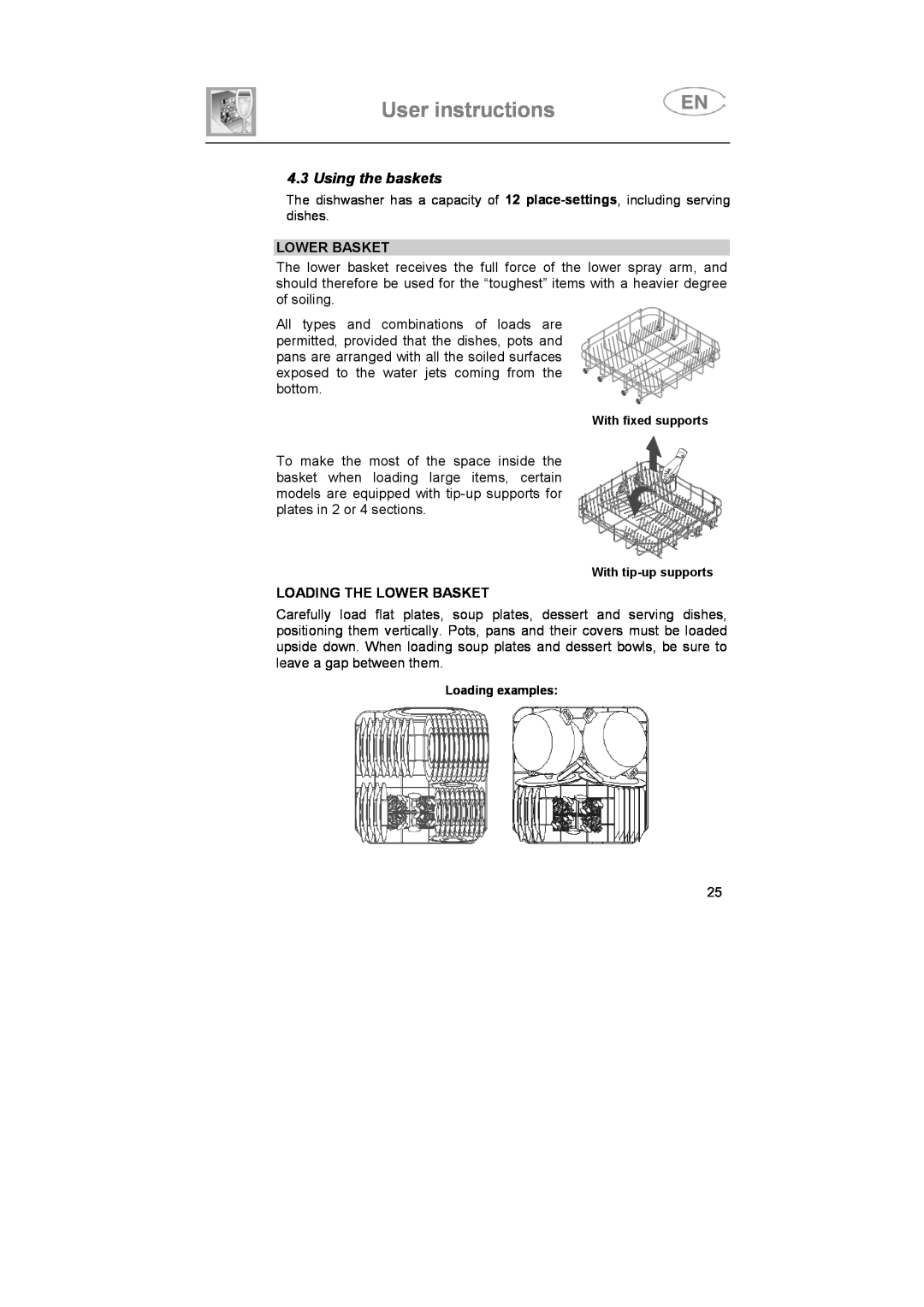 Smeg SA683X-2, SA683X-1 instruction manual User instructions, Using the baskets, Loading The Lower Basket 