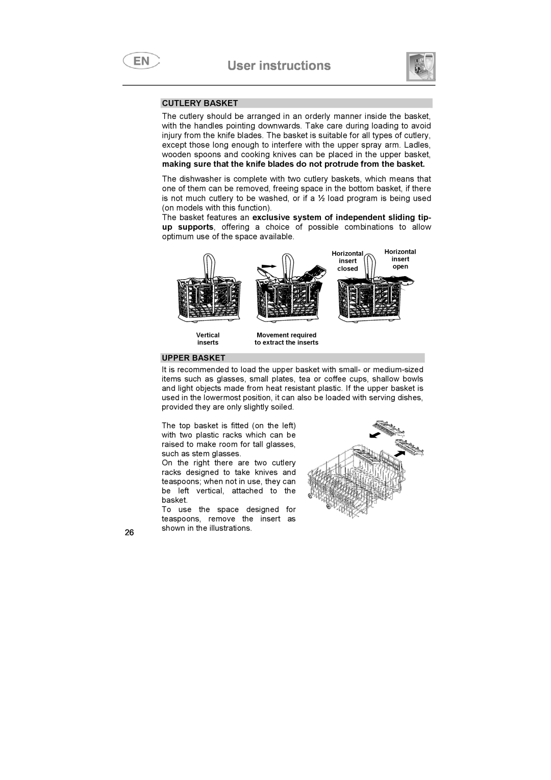 Smeg SA683X-1, SA683X-2 instruction manual User instructions, Cutlery Basket, Upper Basket 