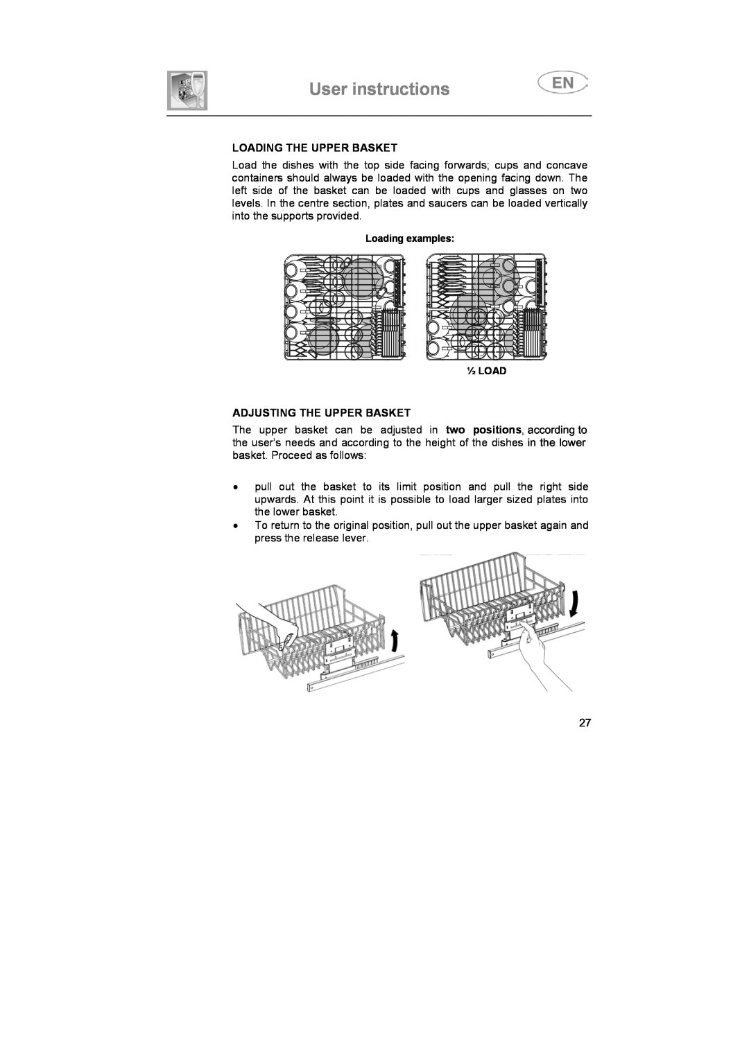 Smeg SA683X-2, SA683X-1 instruction manual User instructions, Loading The Upper Basket, Adjusting The Upper Basket 